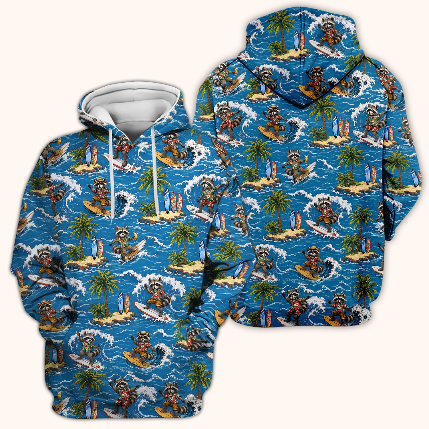 Tropical Surfing Raccoon Island Pattern Scrub Top, Comfortable Scrubs for Nurses