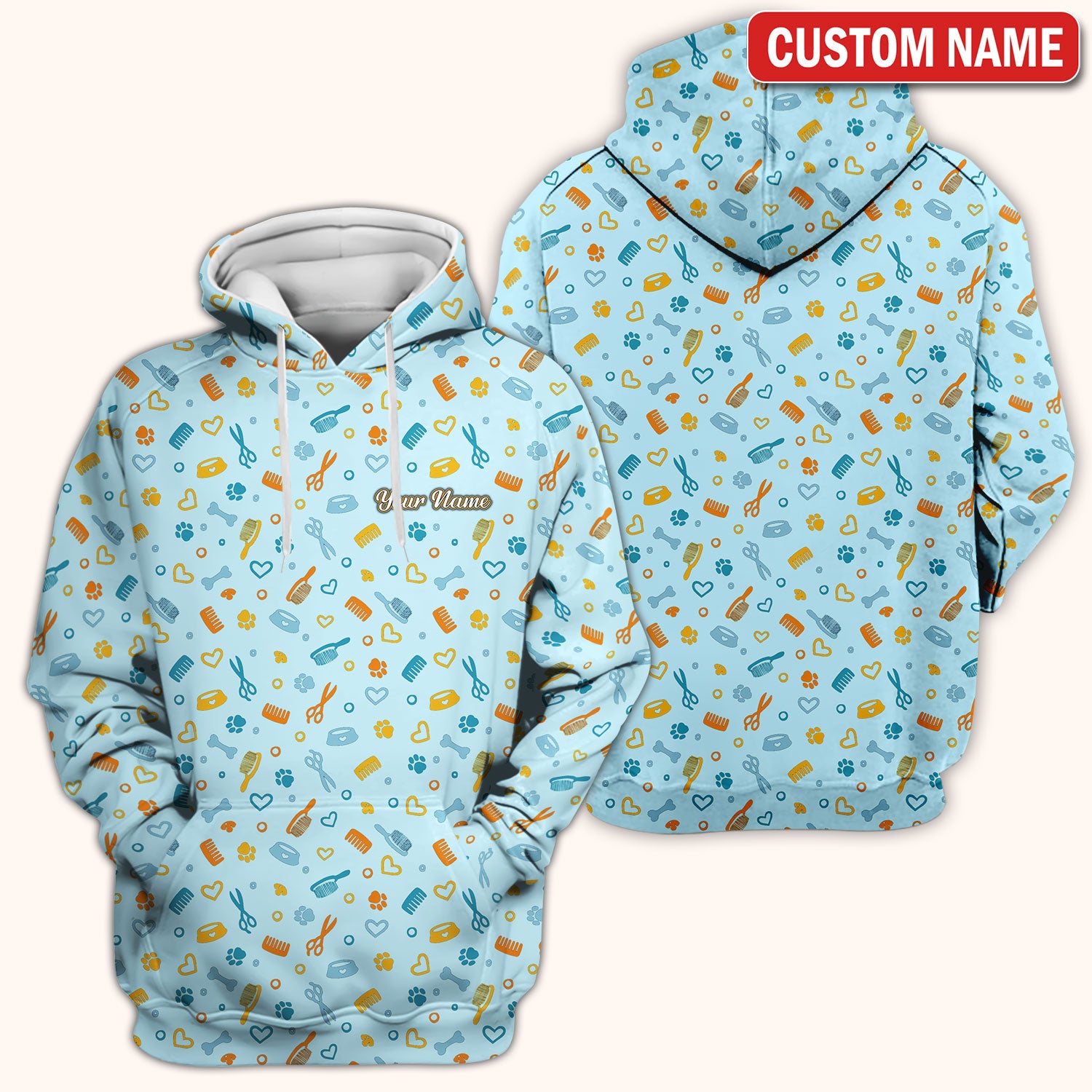 Custom Name Dog Cat Grooming Pattern Scrub Top, Breathable Fabrics Nursing Uniform
