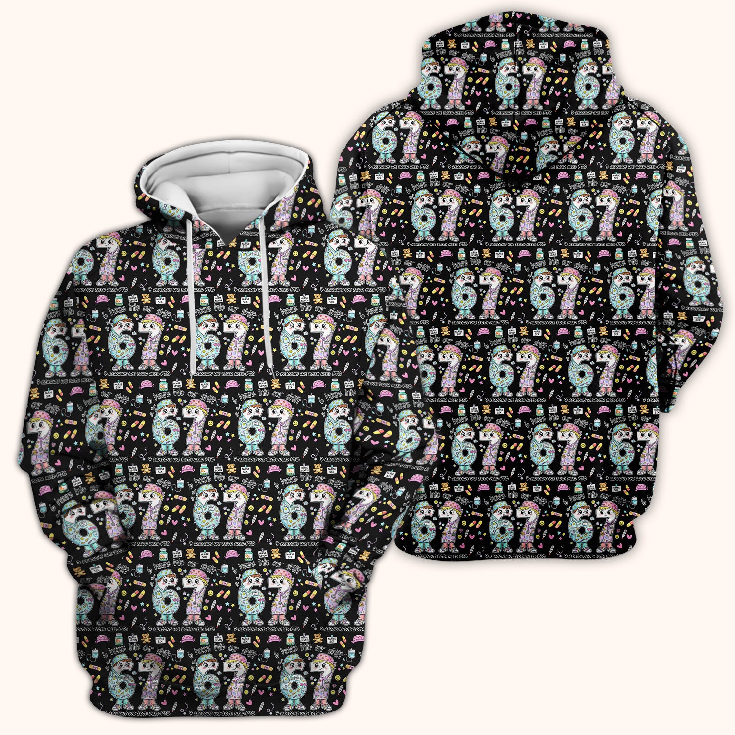 Cartoon Characters Six Hours Into Shift With Medical Doodle Scrub Top, Breathable Fabrics Nursing Uniform