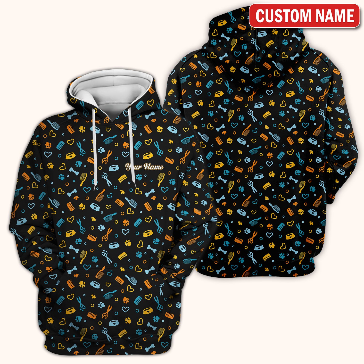 Custom Name Dog Cat Grooming Pattern Scrub Top, Breathable Fabrics Nursing Uniform