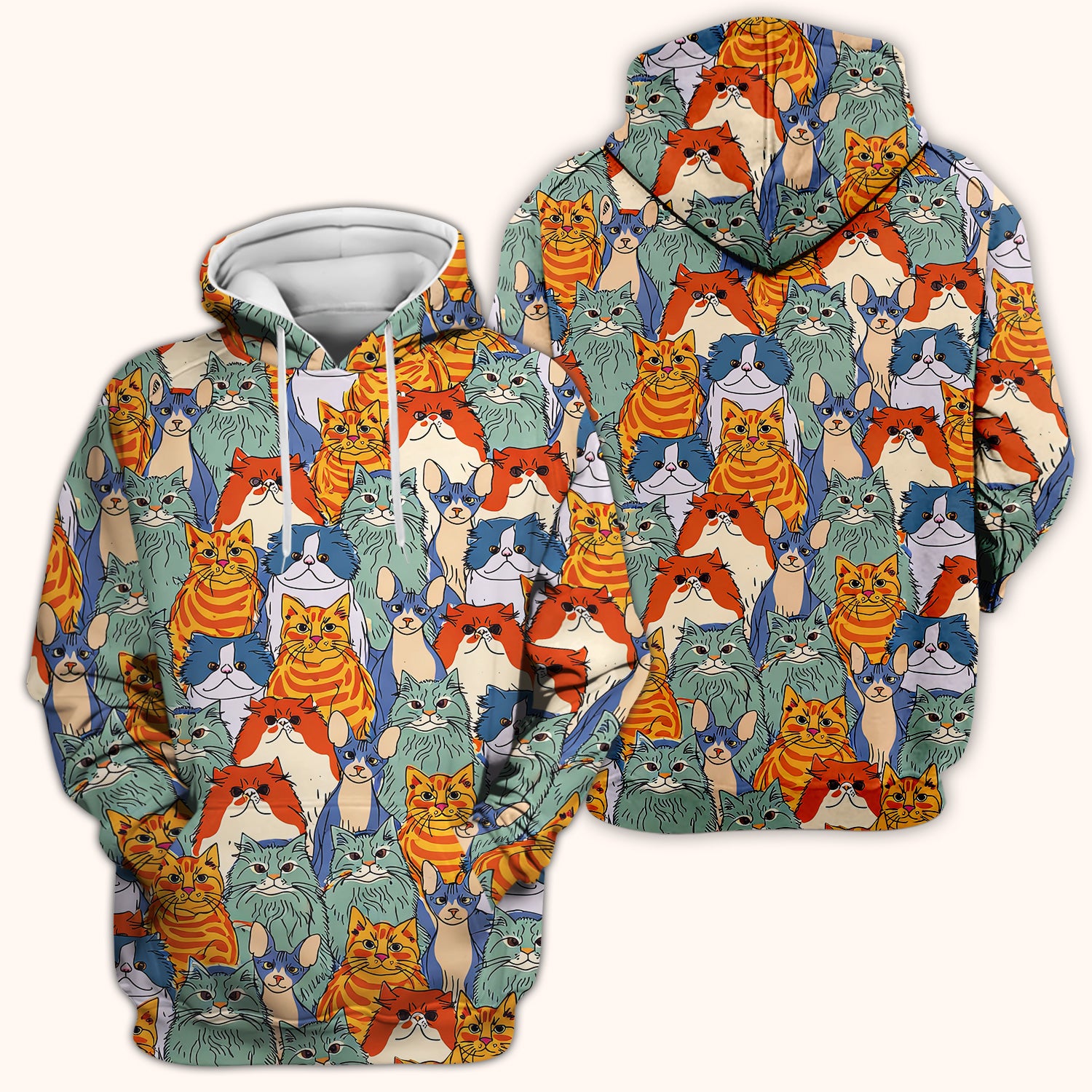 Cute Multicolor Cat Faces Illustration Pattern Scrub Top, Comfortable Scrubs for Nurses