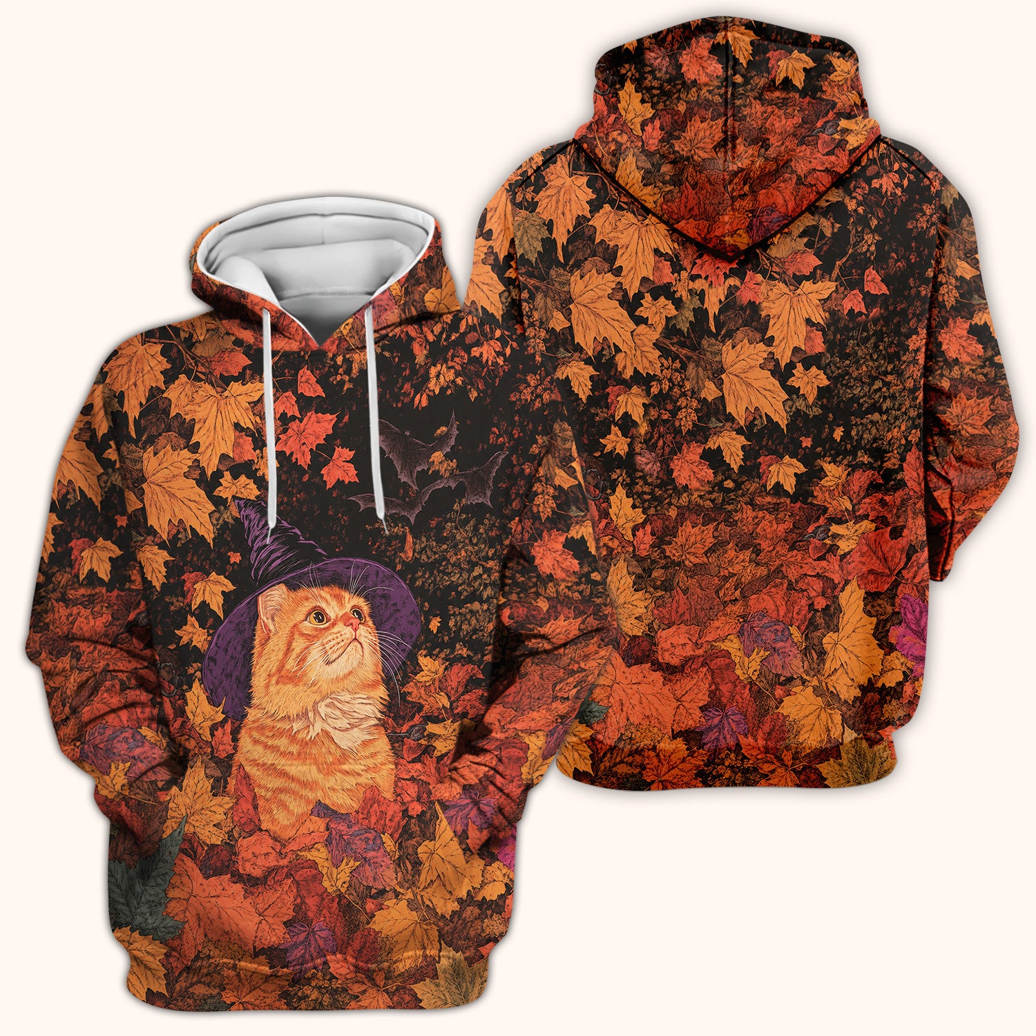 Autumn Cat with Fall Leaves Scrub Top, Comfortable Scrubs for Nurses