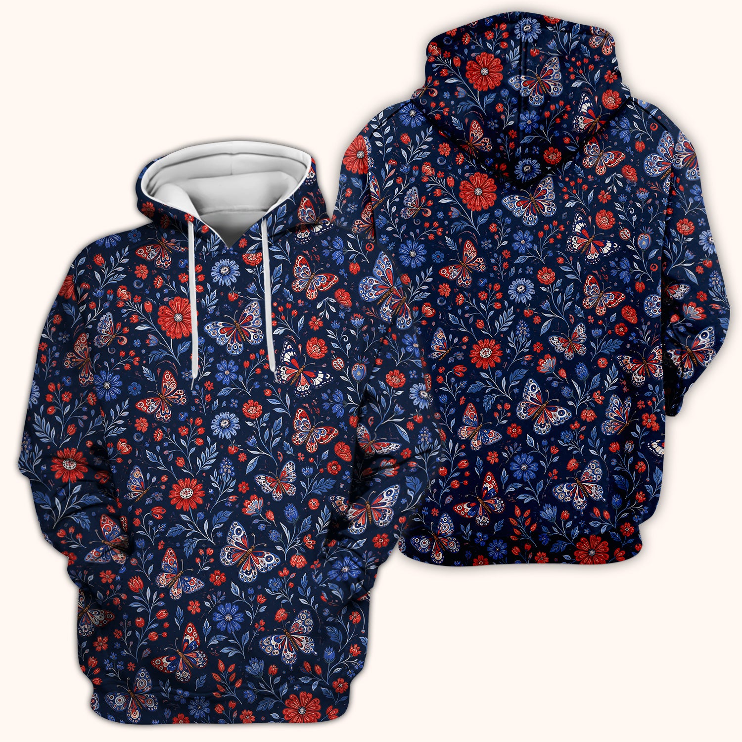 Patriotic Floral Butterfly Pattern Scrub Top, Comfortable Scrubs for Nurses