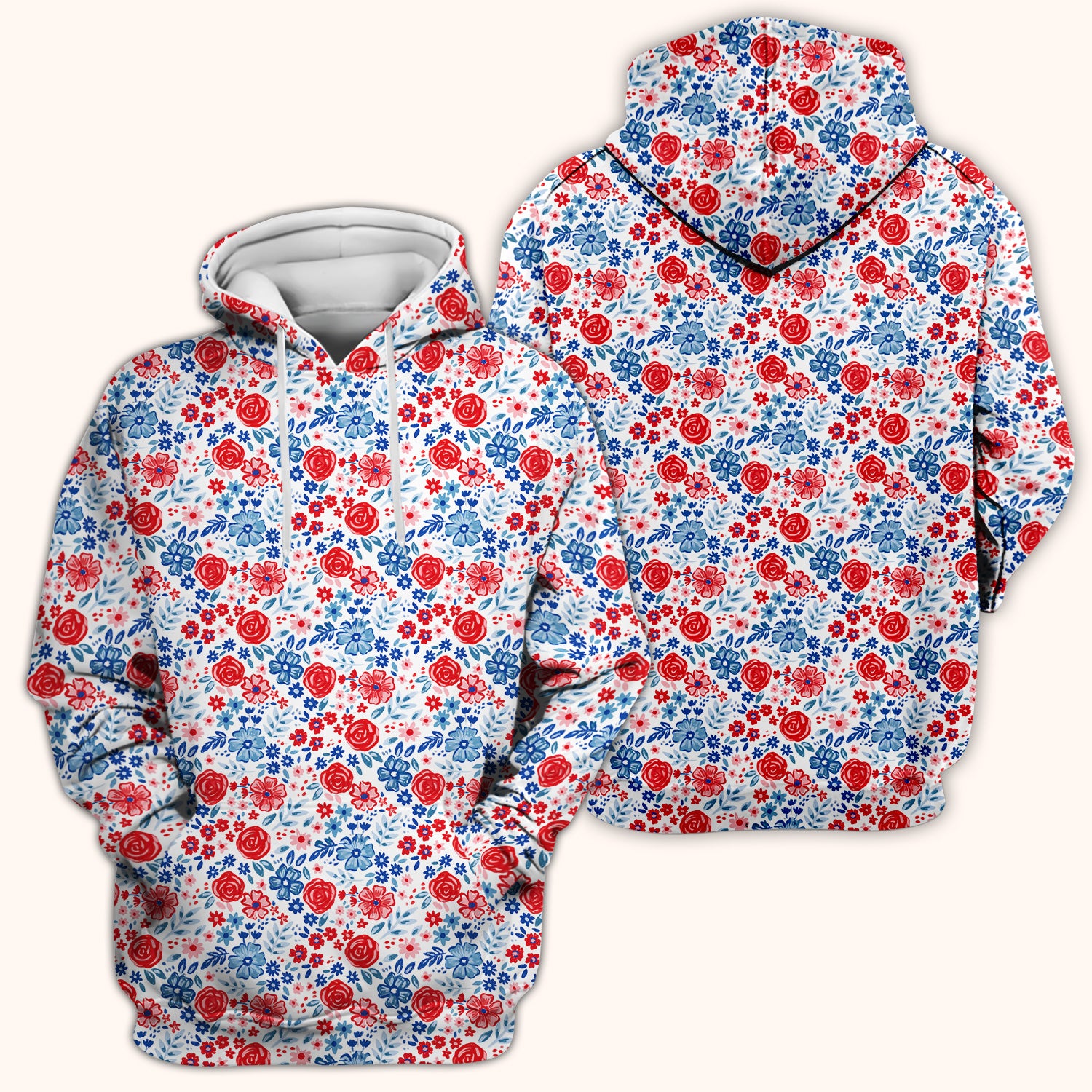 Red Blue Floral Garden Blossom Pattern Scrub Top, Comfortable Scrubs for Nurses