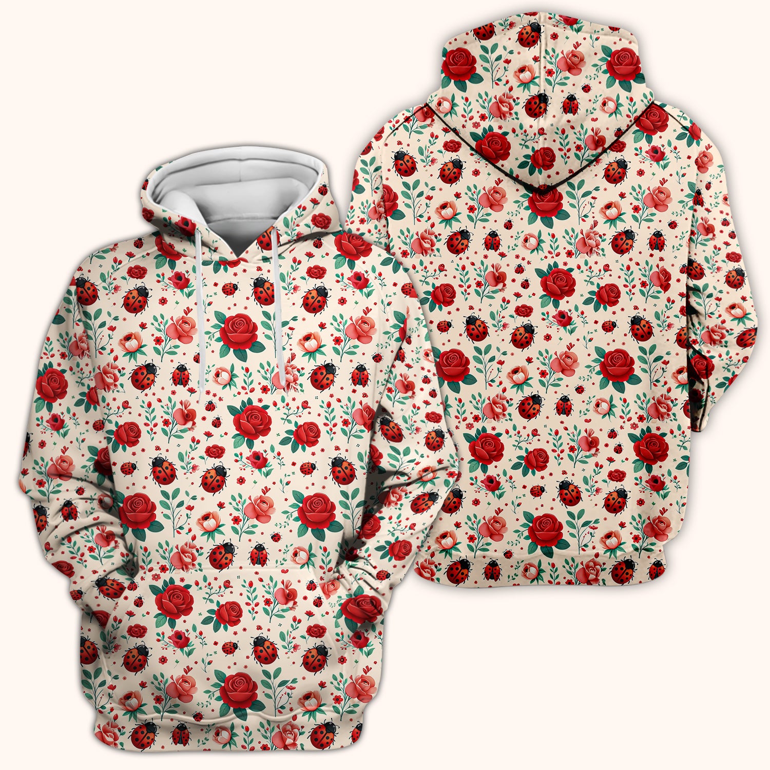 Cute Ladybug Red Rose Floral Pattern Scrub Top, Breathable Fabrics Nursing Uniform