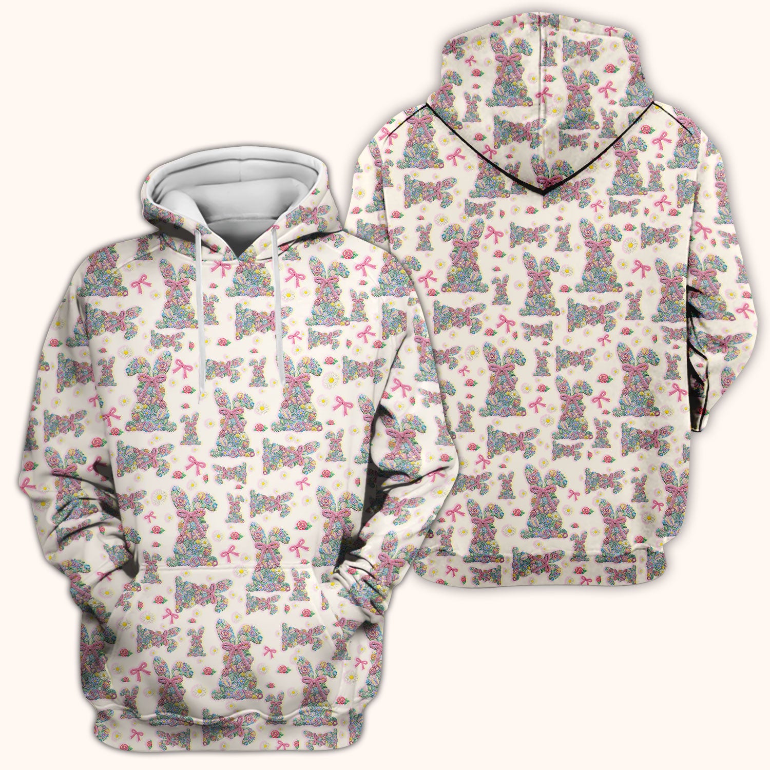 Colorful Floral Bunny with Pink Bow Pattern Scrub Top, Breathable Fabrics Nursing Uniform, Easter