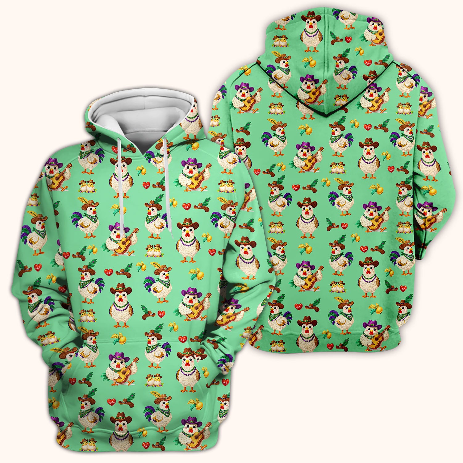 Funny Mardi Gras Rooster Cowboy Print Scrub Top, Comfortable Scrubs for Nurses