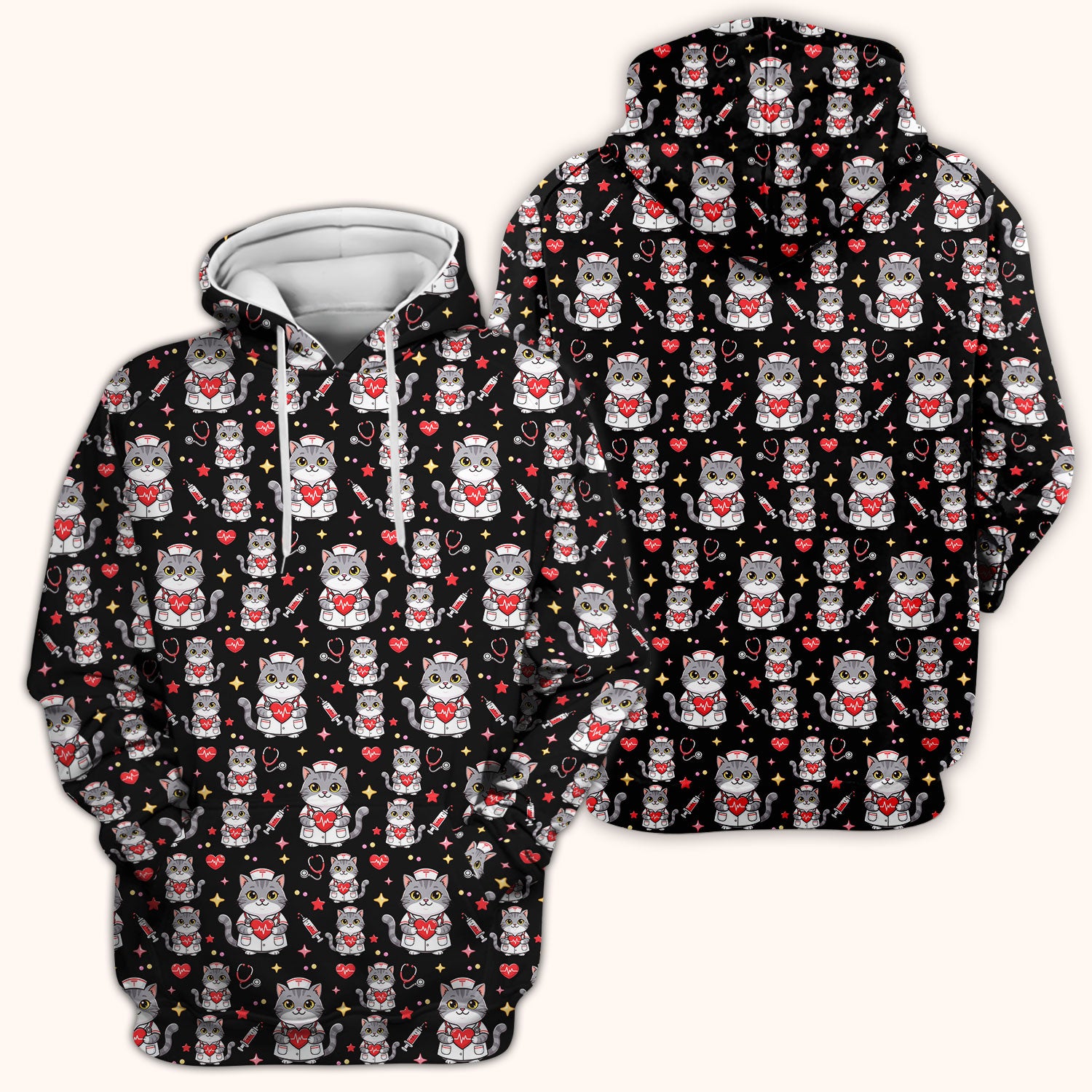 Cute Nurse Cat Heart Medical Print Scrub Top, Comfortable Scrubs for Nurses