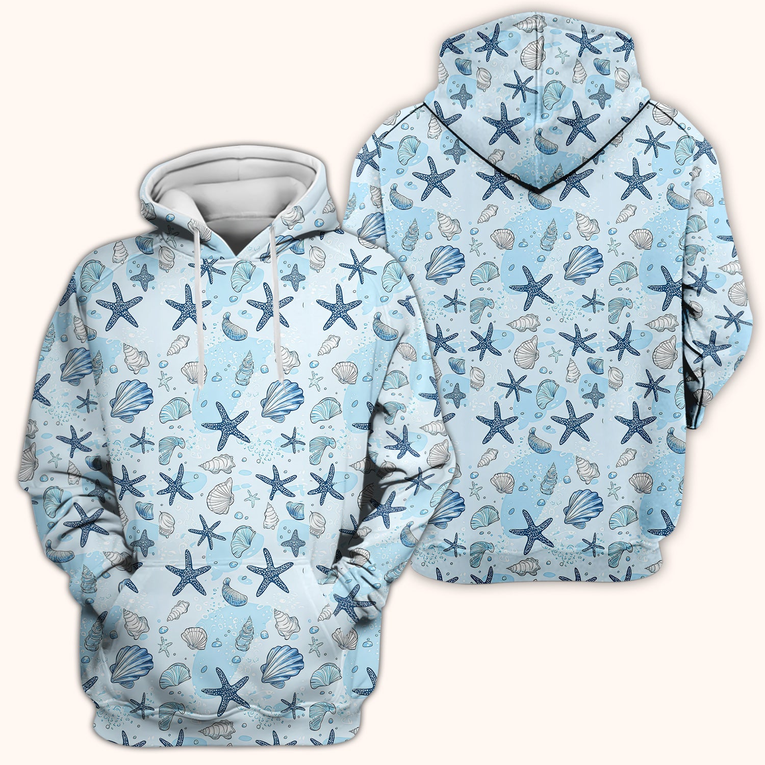 Ocean Shell And Starfish Print Scrub Top, Breathable Fabrics Nursing Uniform