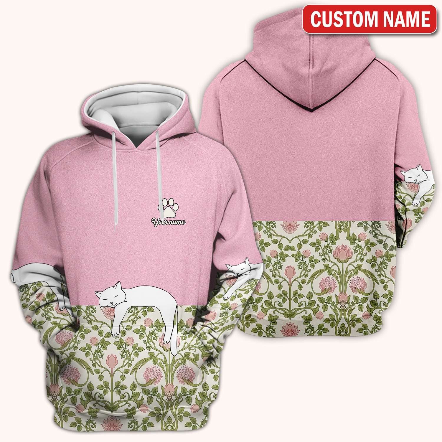 Personalized Cat Nurse Scrub Top, Custom Name Floral Scrub Shirt For Women, Breathable Fabrics Nursing Uniform