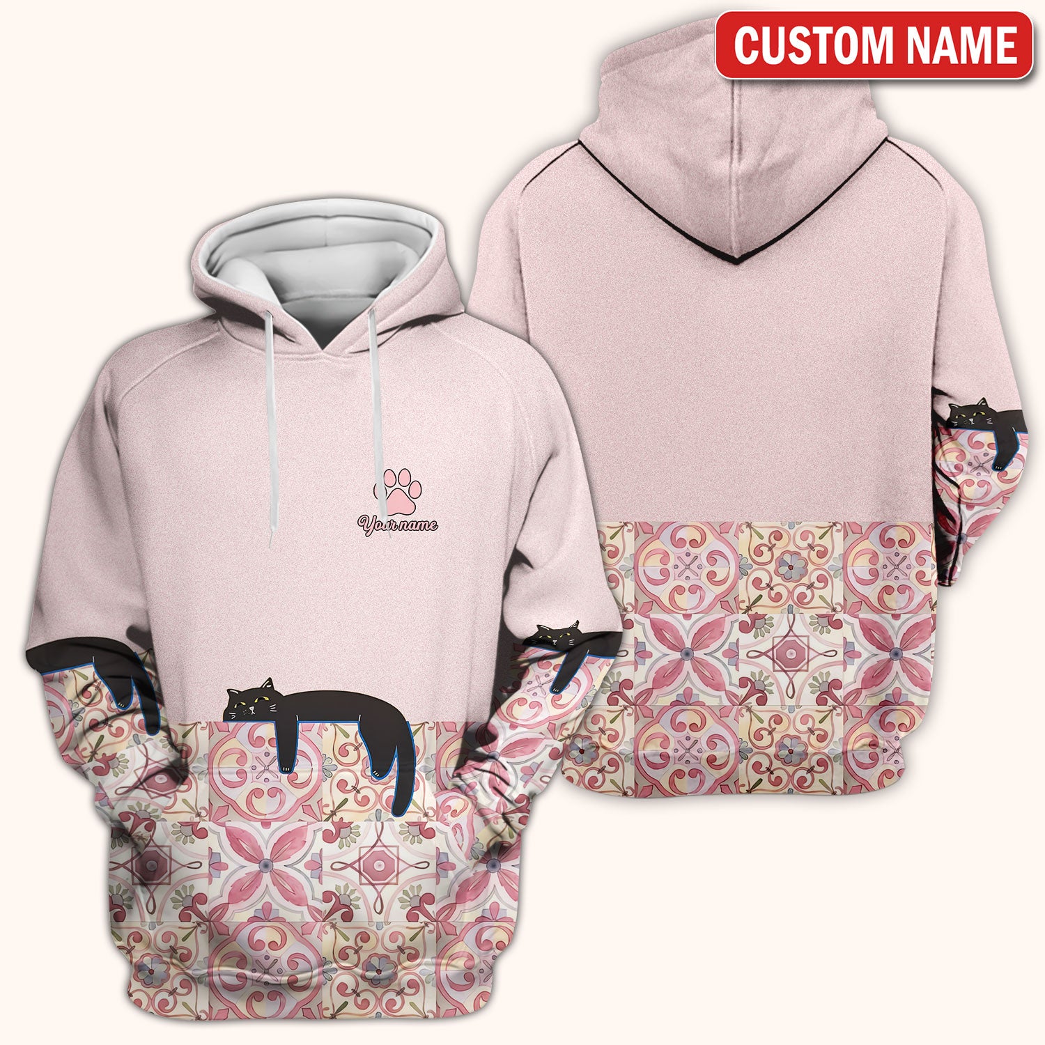 Custom Name Pink Floral Nurse Shirt, Personalized Black Cat Scrub Top For Women, Breathable Fabrics Nursing Uniform