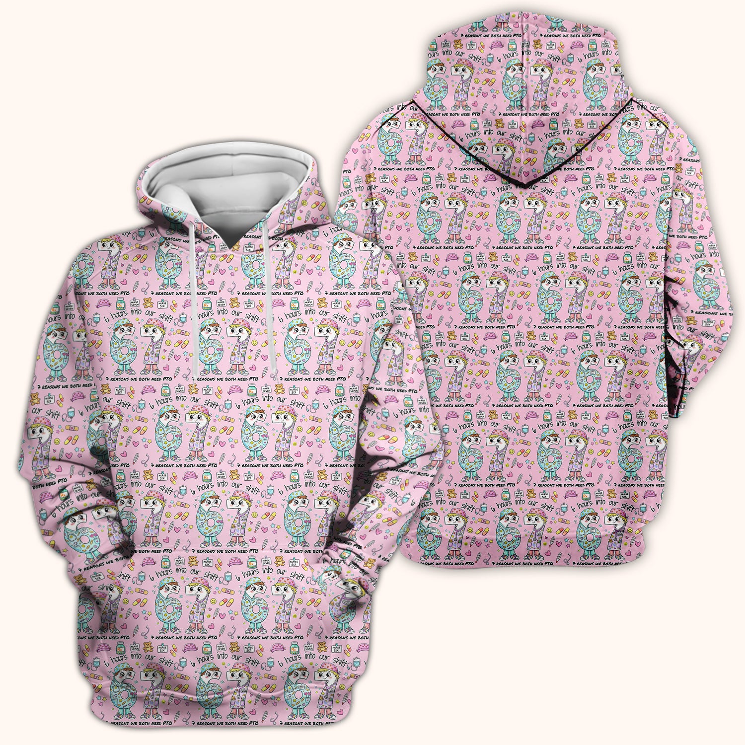 Cartoon Characters Six Hours Into Shift With Medical Doodle Scrub Top, Breathable Fabrics Nursing Uniform