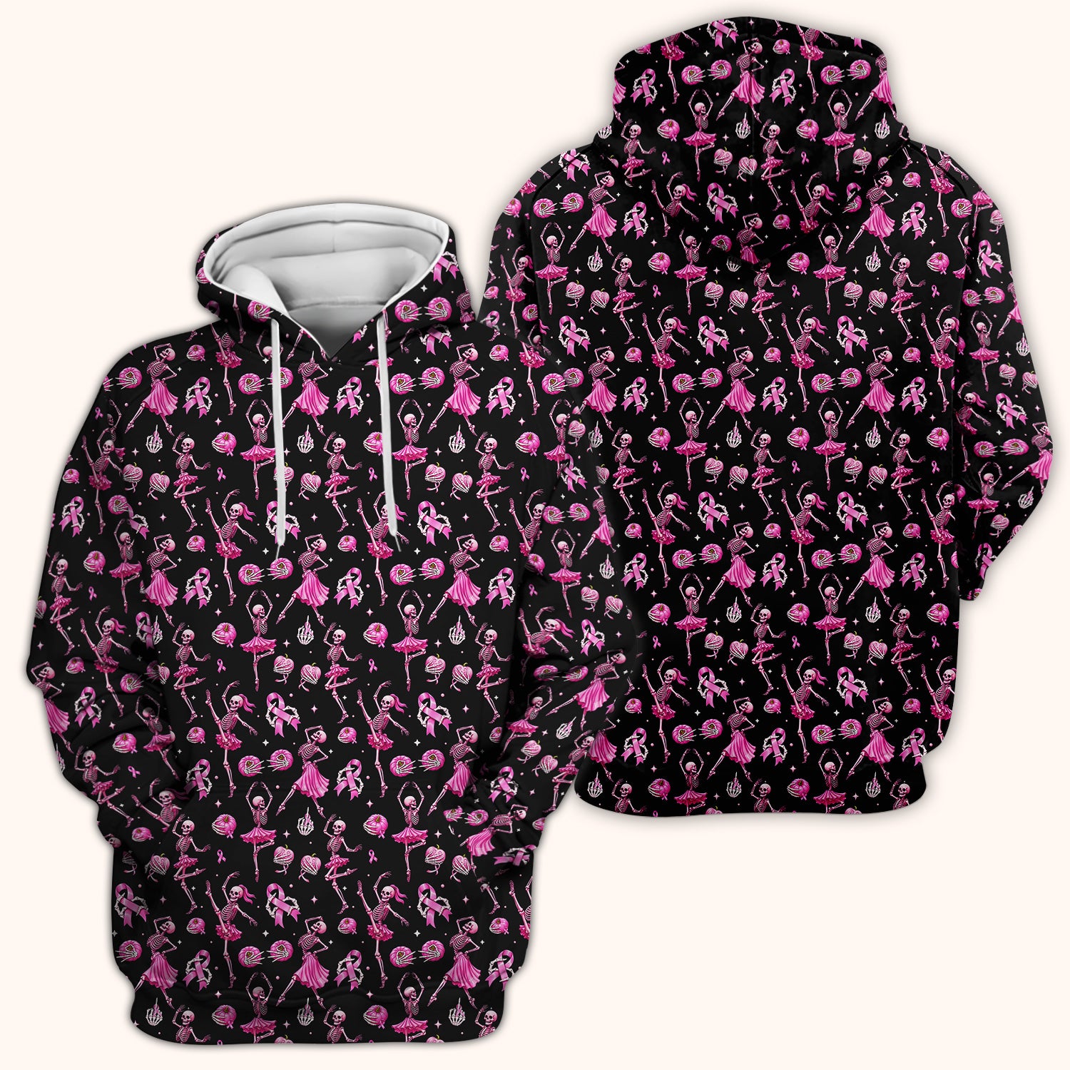 Pink Ribbon Skeleton Ballerina Print Scrub Top, Comfortable Scrubs for Nurses