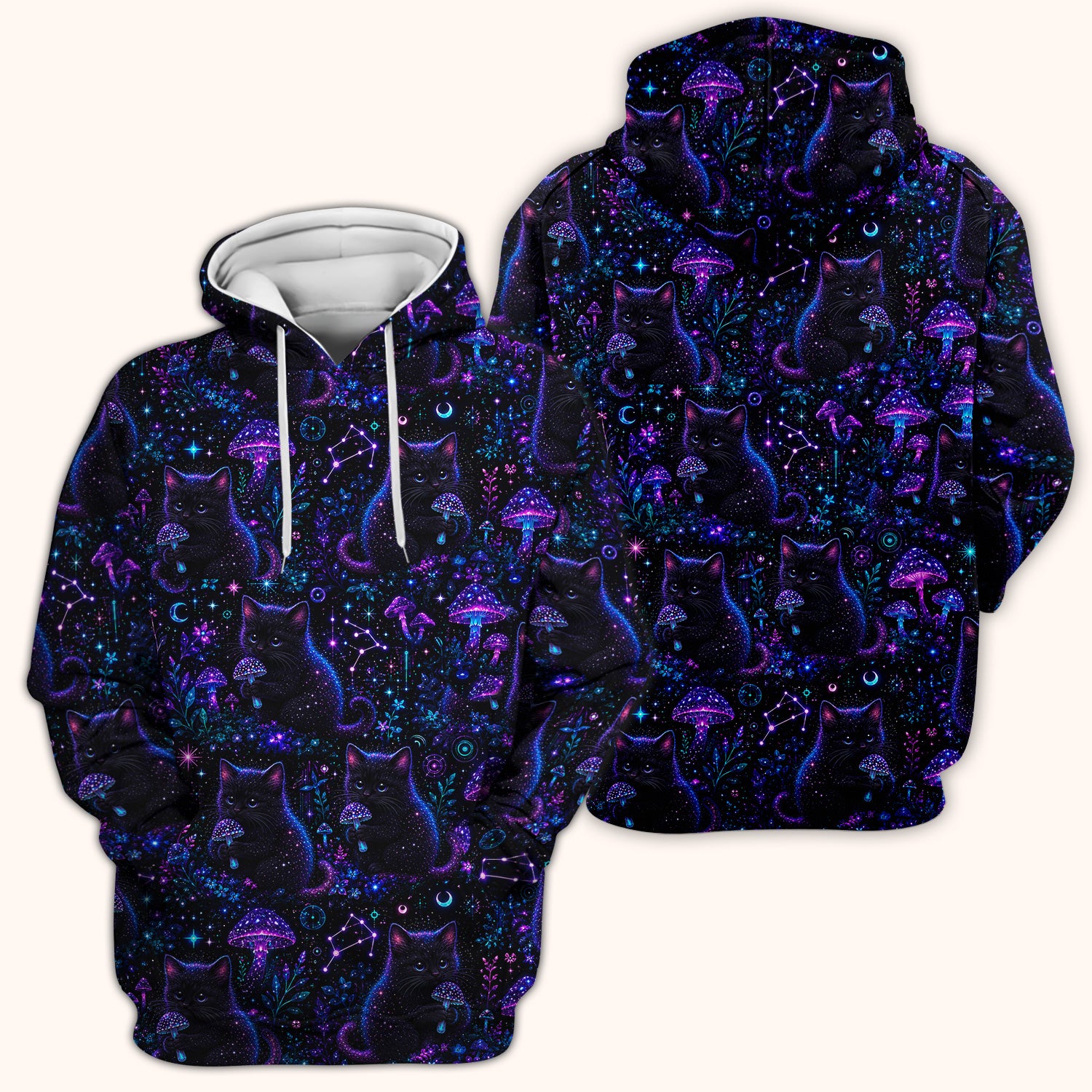 Neon Black Cat Mushroom Galaxy Pattern Scrub Top, Comfortable Scrubs for Nurses