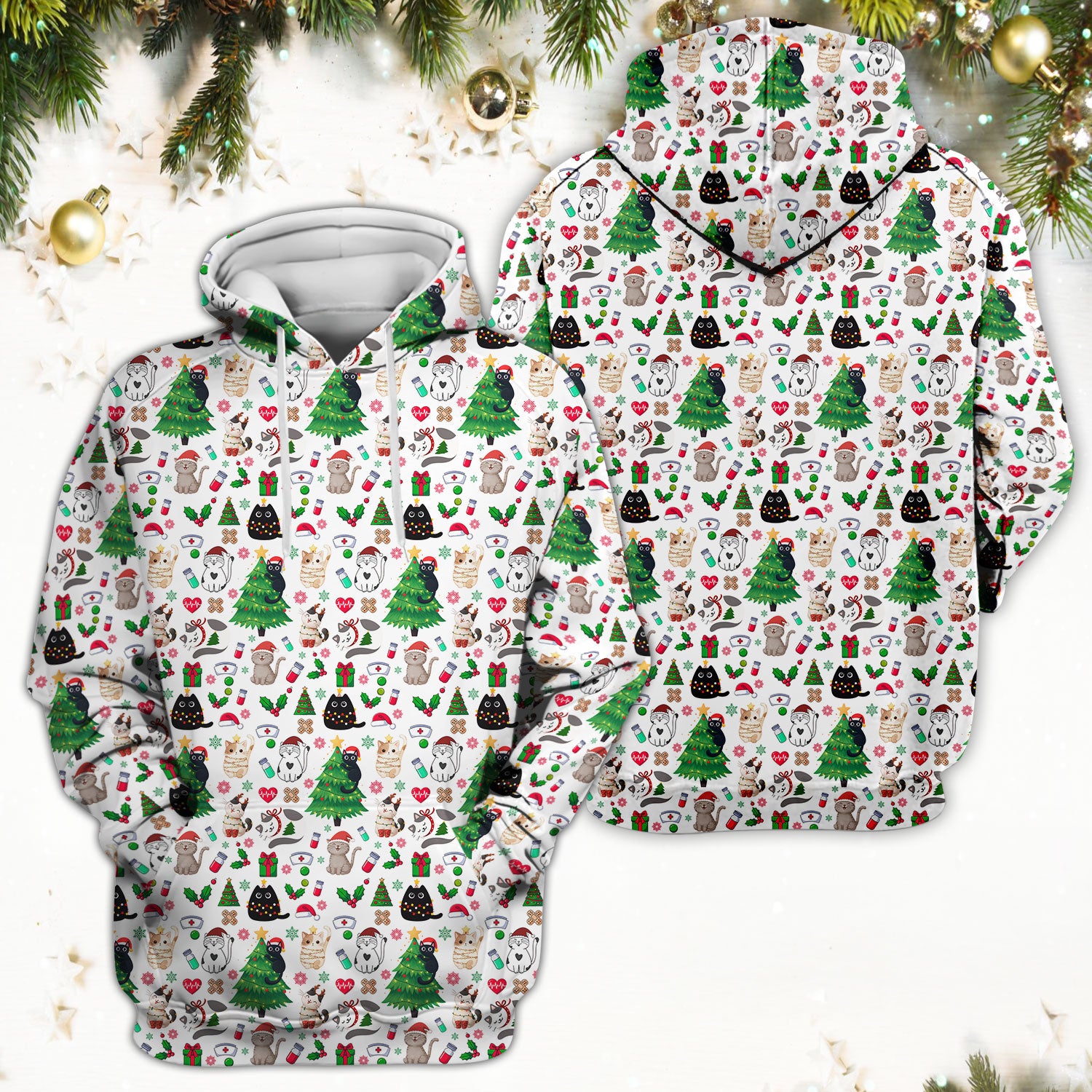 Christmas Cat Scrub Top, Xmas Pet Pattern Scrub Shirt, Breathable Fabrics Nursing Uniform