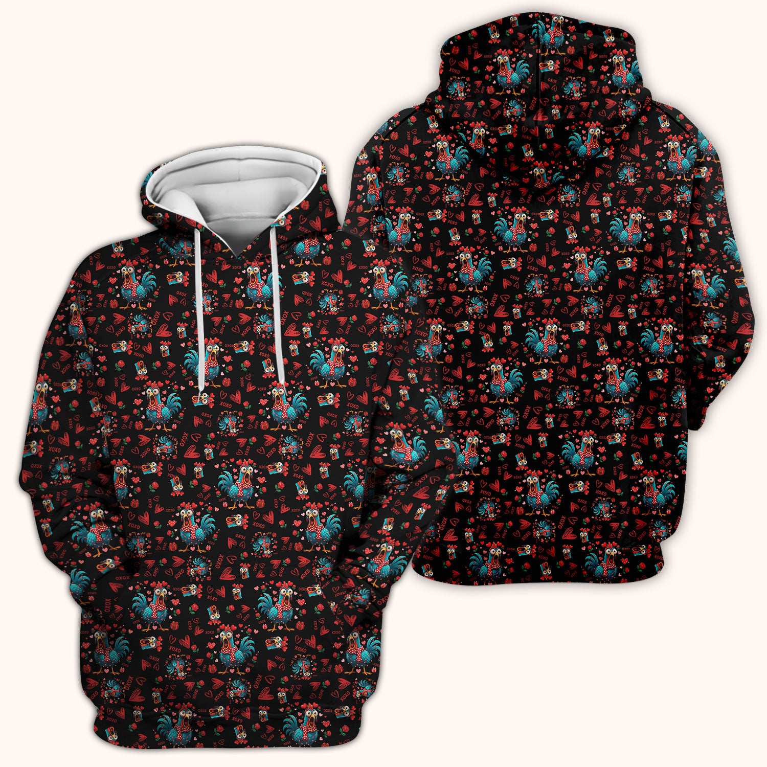 Funny Rooster Valentine Scrub Top, Cute Chicken XOXO Heart Pattern Nurse Shirt, Breathable Fabrics Nursing Uniform