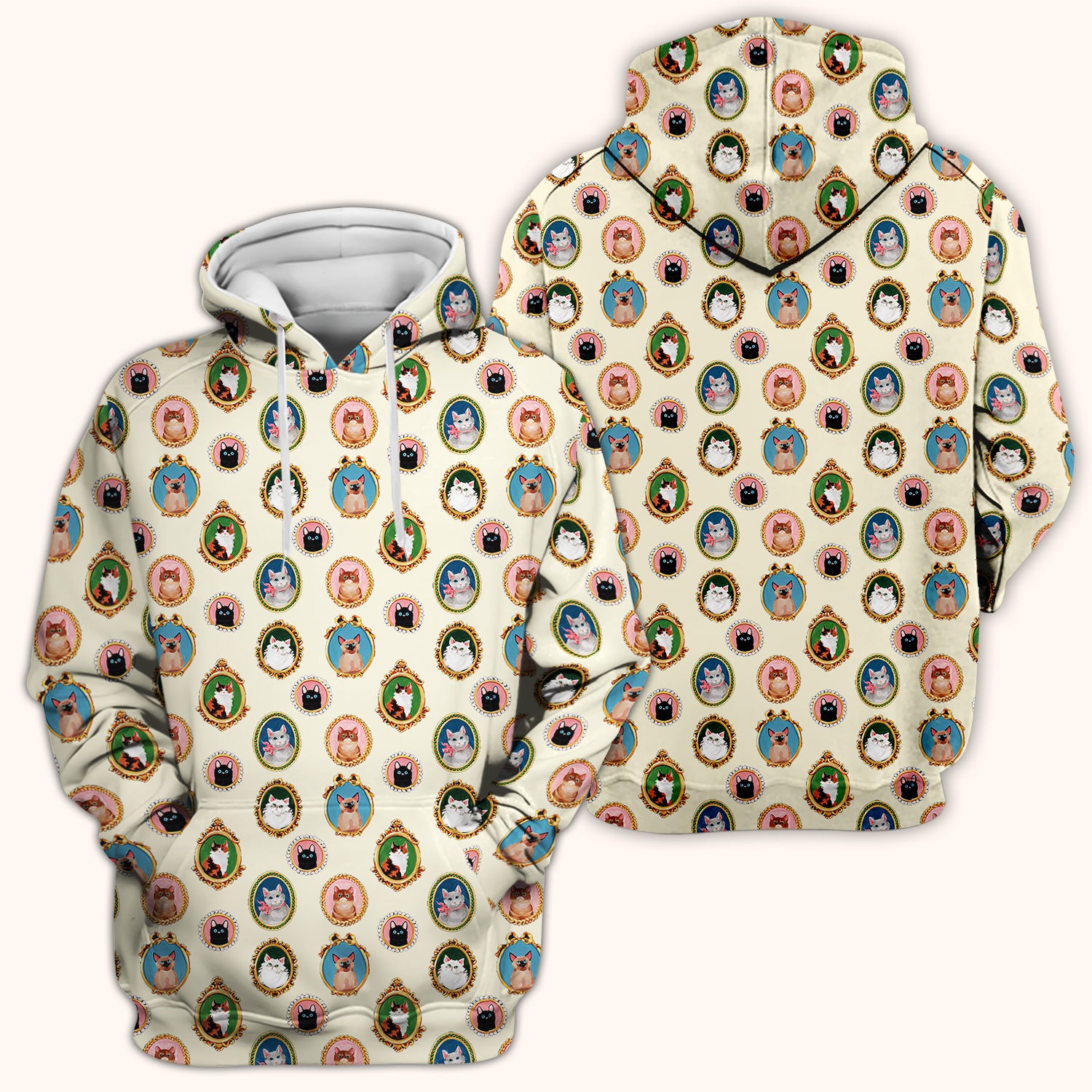 Vintage Cat Portrait Pattern Scrub Top, Breathable Medical Uniform Top