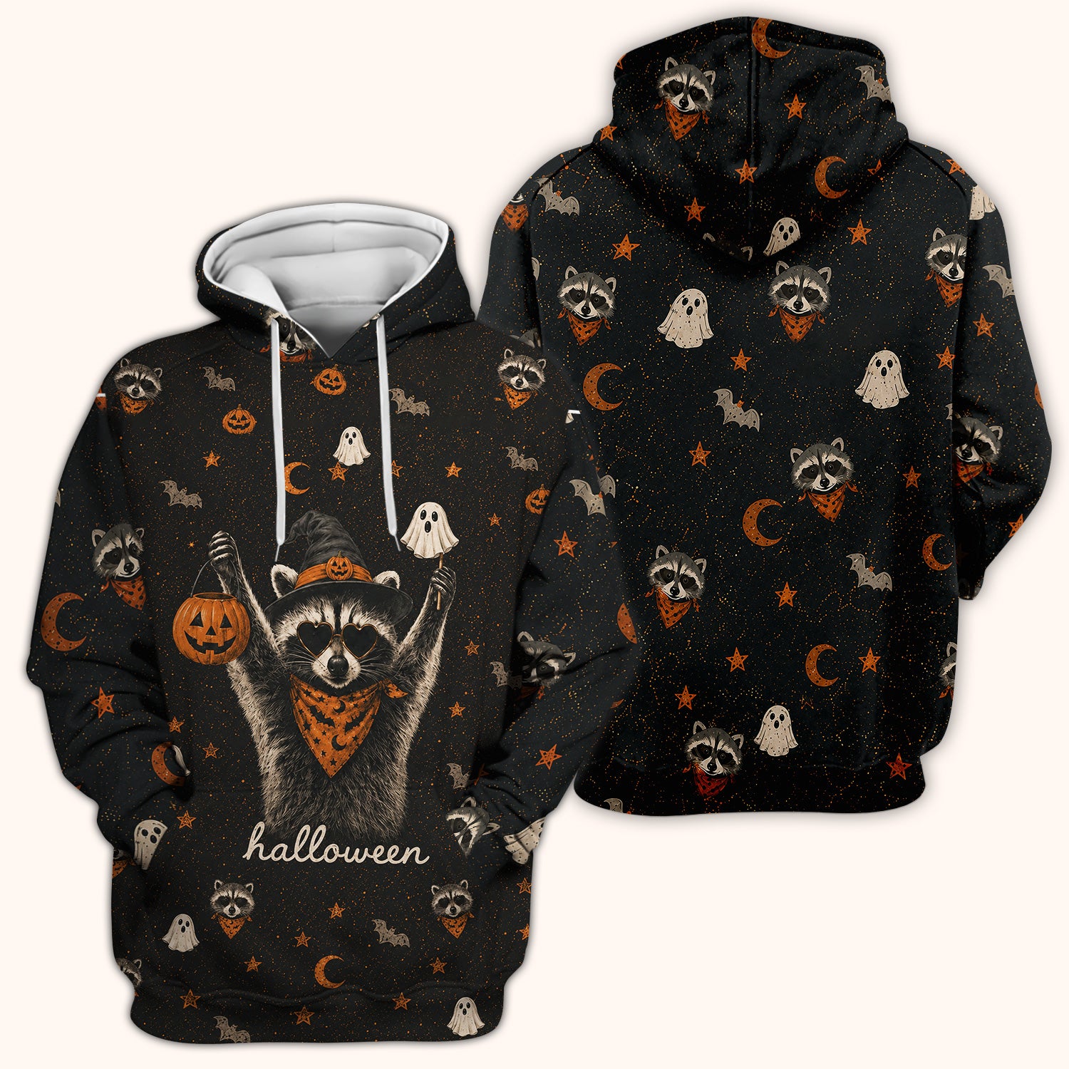 Ghost Pumpkin Raccoon Pattern Scrub Top, Comfortable Scrubs for Nurses