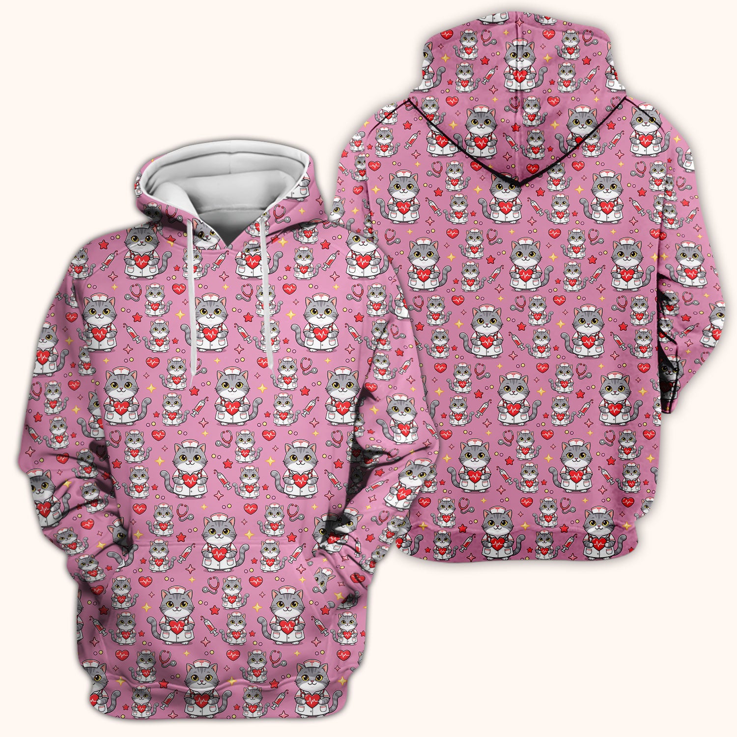 Cute Nurse Cat Heart Medical Print Scrub Top, Comfortable Scrubs for Nurses