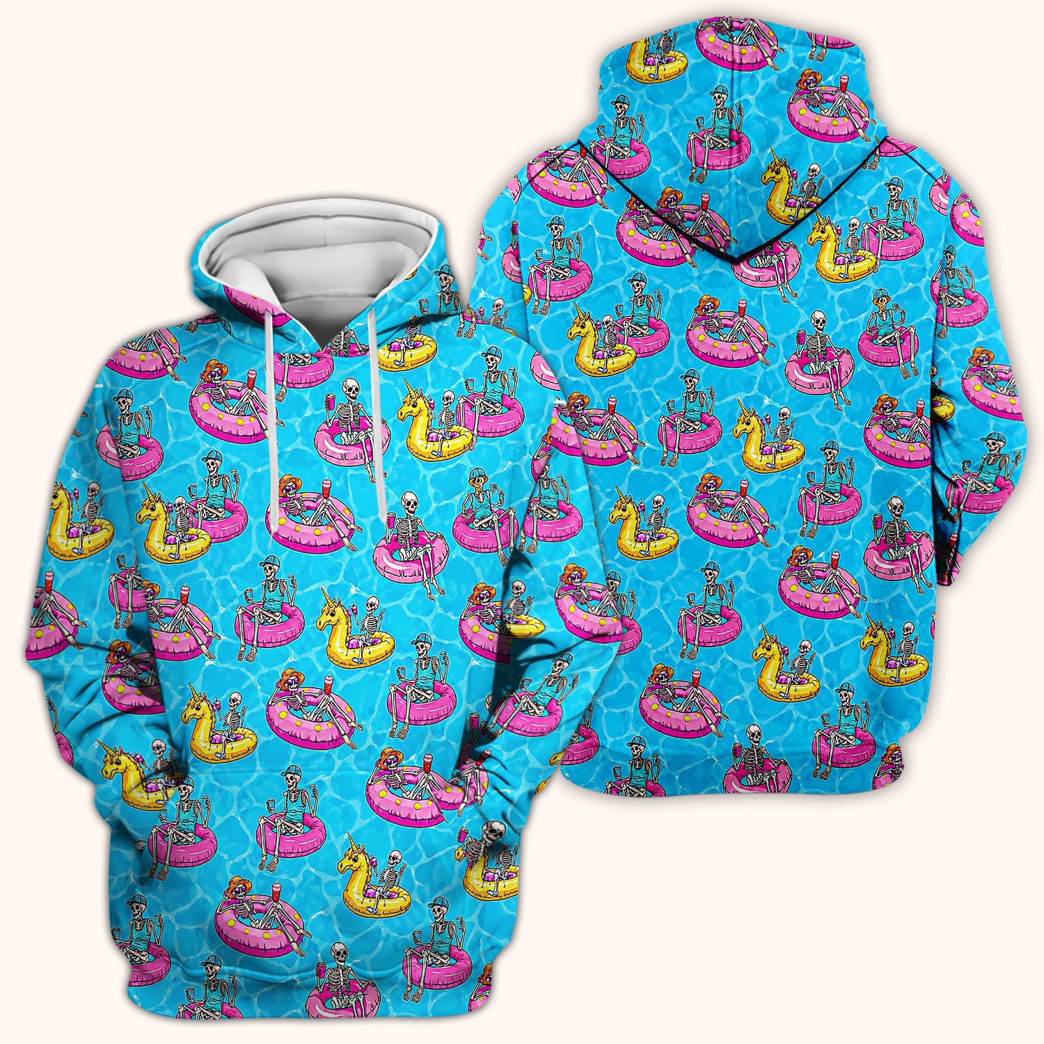 Summerween Skeleton with Pool Float Print Scrub Top, Comfortable Scrubs for Nurses