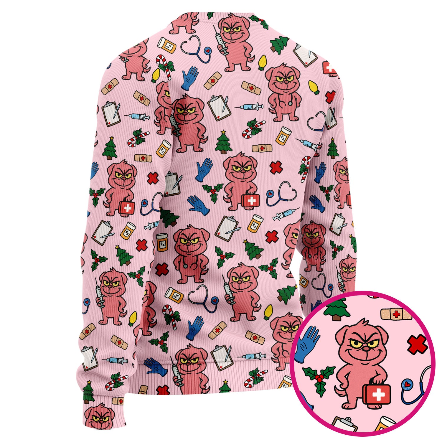 Christmas Scrub Set for Nurses - Funny Pink Dog Pattern - Holiday Nurse Scrubs with Tree, Bandage and Stethoscope Print