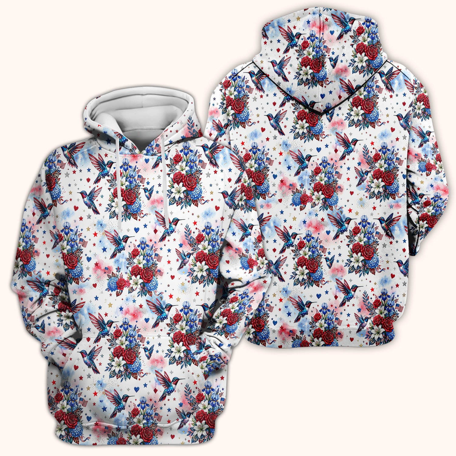 Patriotic Hummingbird Floral Bouquet Pattern Scrub Top, Comfortable Scrubs for Nurses