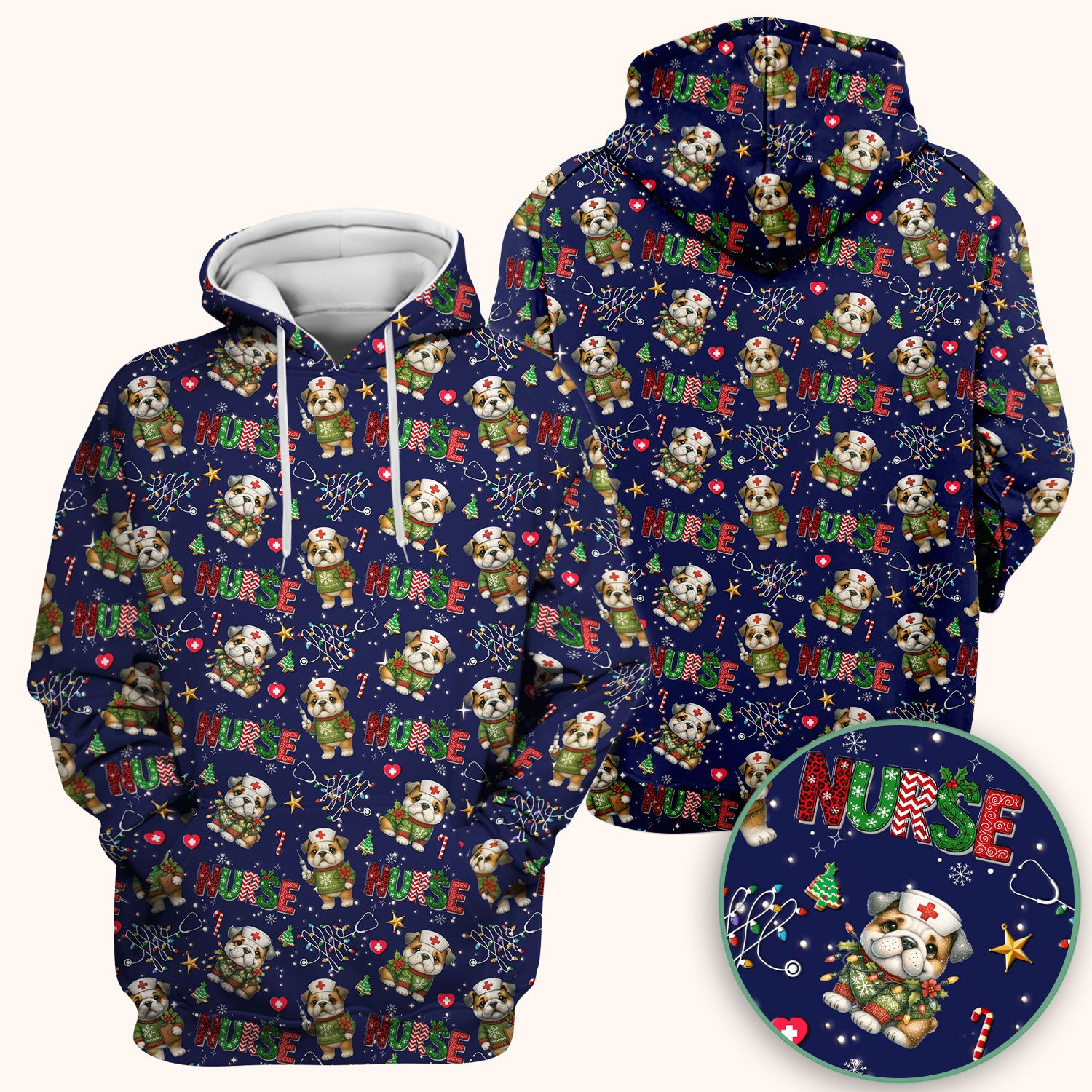 Bulldog Christmas Nurse Scrub Top - Funny Dog Scrub Shirt - Cute Holiday Medical Uniform for Women RN LPN CNA Gift