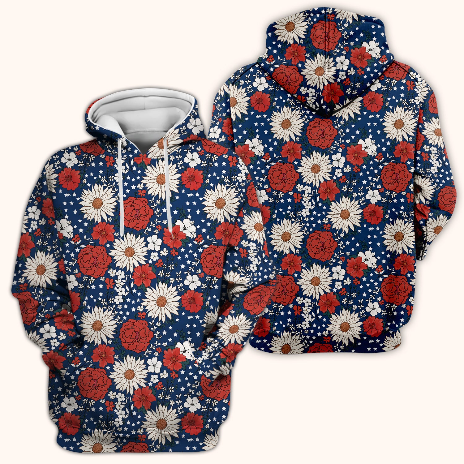 Red White Blue Floral Pattern Scrub Top, Comfortable Scrubs for Nurses