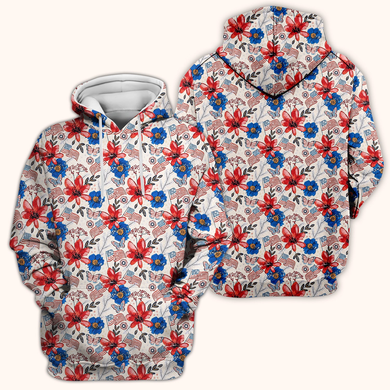 Patriotic Floral Flag Butterfly Pattern Scrub Top, Comfortable Scrubs for Nurses