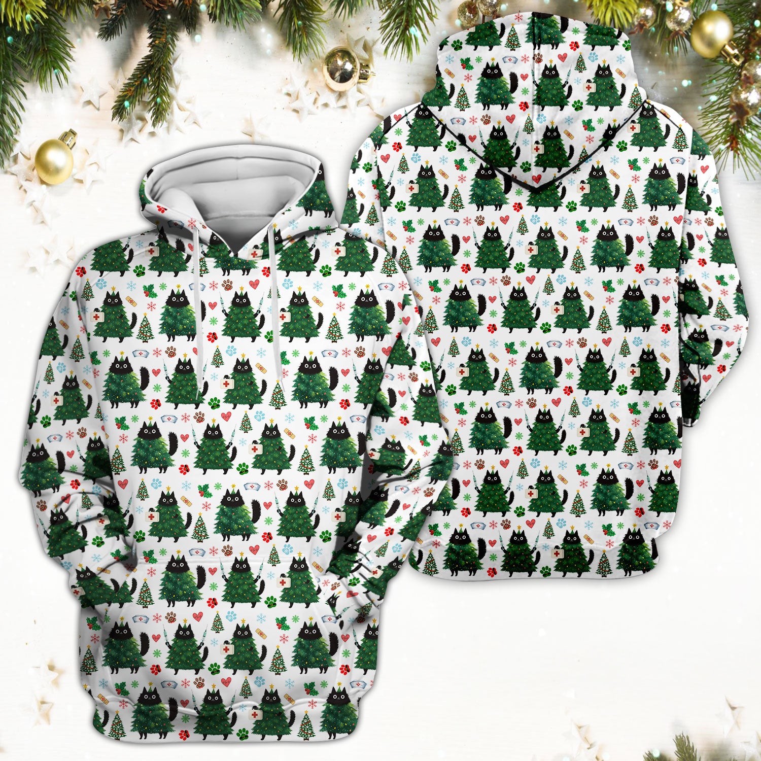 Christmas Nurse Scrub Top, Xmas Black Cat Pattern Nurse Shirt,  Breathable Fabrics Nursing Uniform
