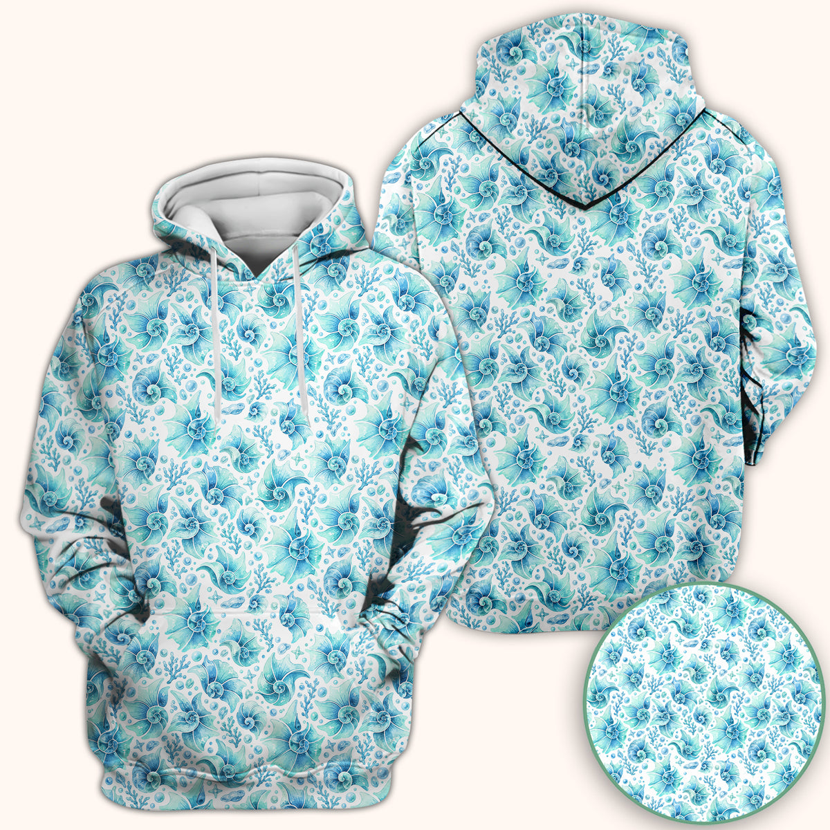 Blue Watercolor Seashell Pattern Scrub Top, Comfortable Scrubs for Nurses