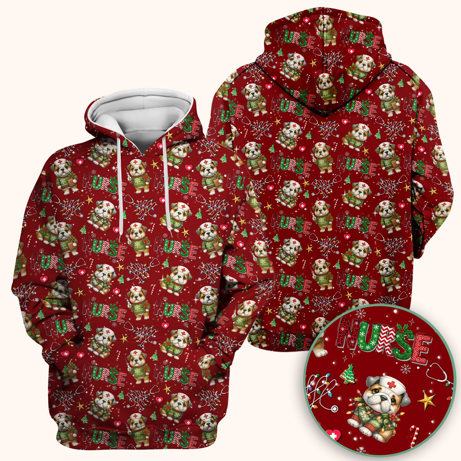 Bulldog Christmas Nurse Scrub Top - Funny Dog Scrub Shirt - Cute Holiday Medical Uniform for Women RN LPN CNA Gift