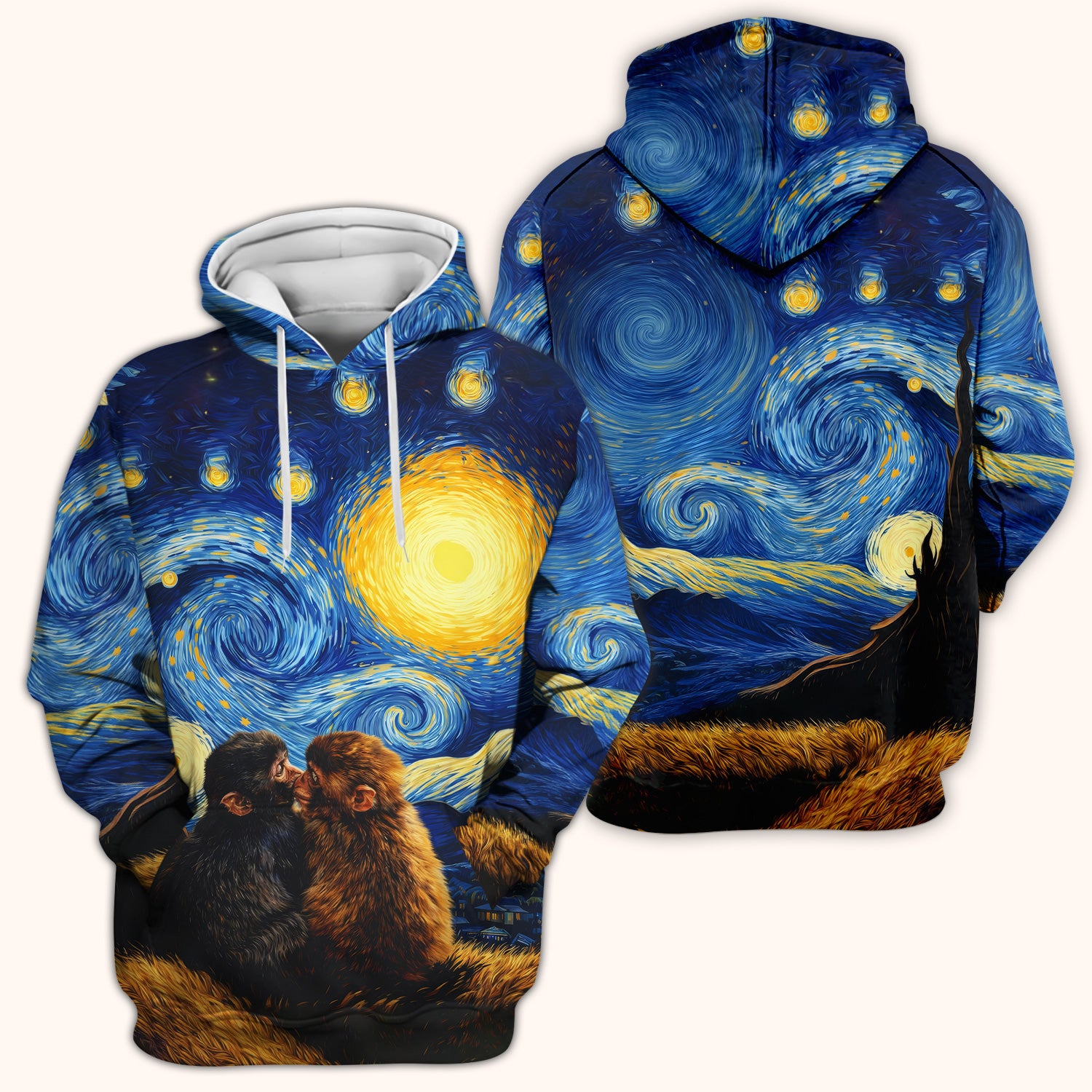 Romantic Monkey Couple Night Sky Pattern Scrub Top, Breathable Fabrics Nursing Uniform