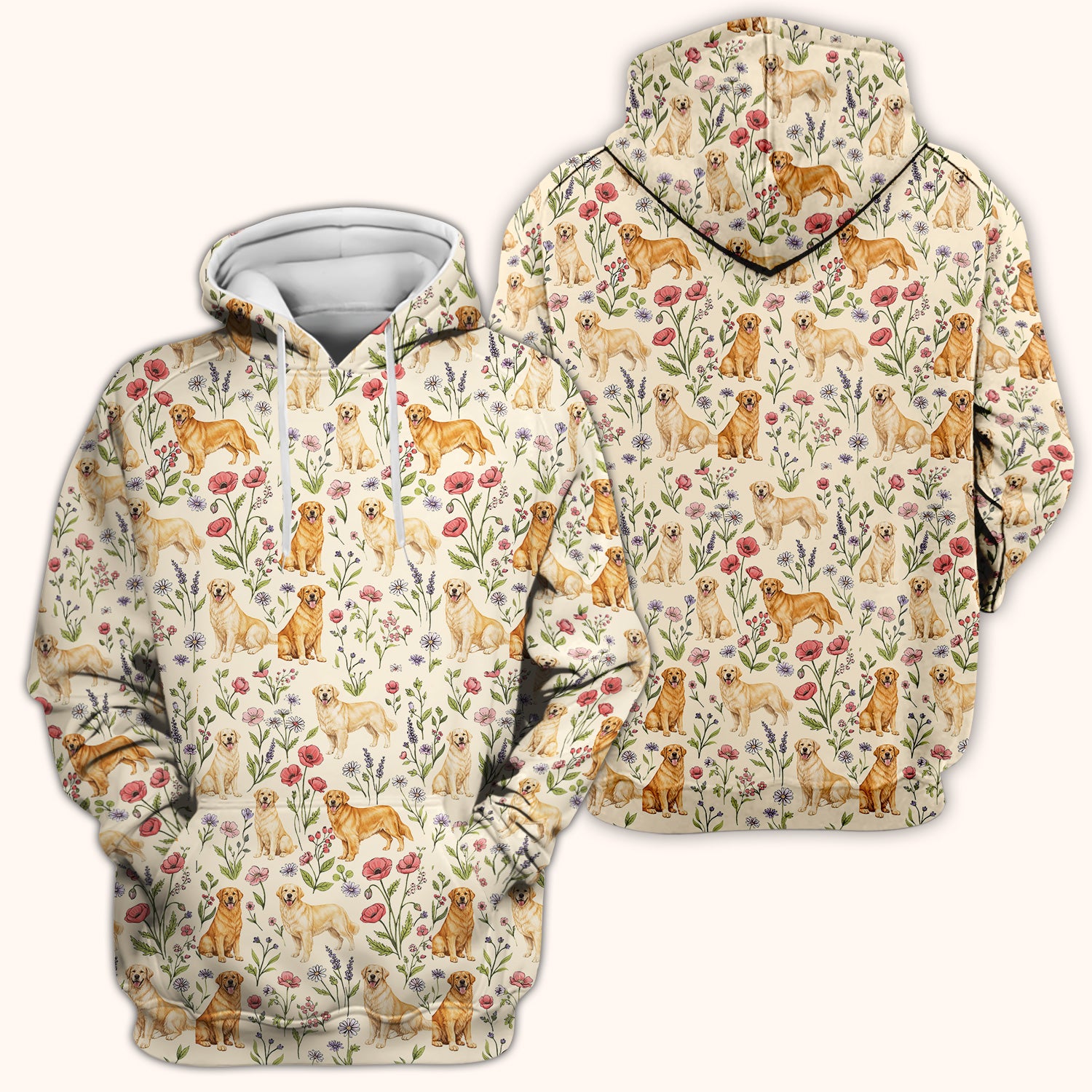 Cute Golden Retriever Floral Pattern Scrub Top, Breathable Fabrics Nursing Uniform