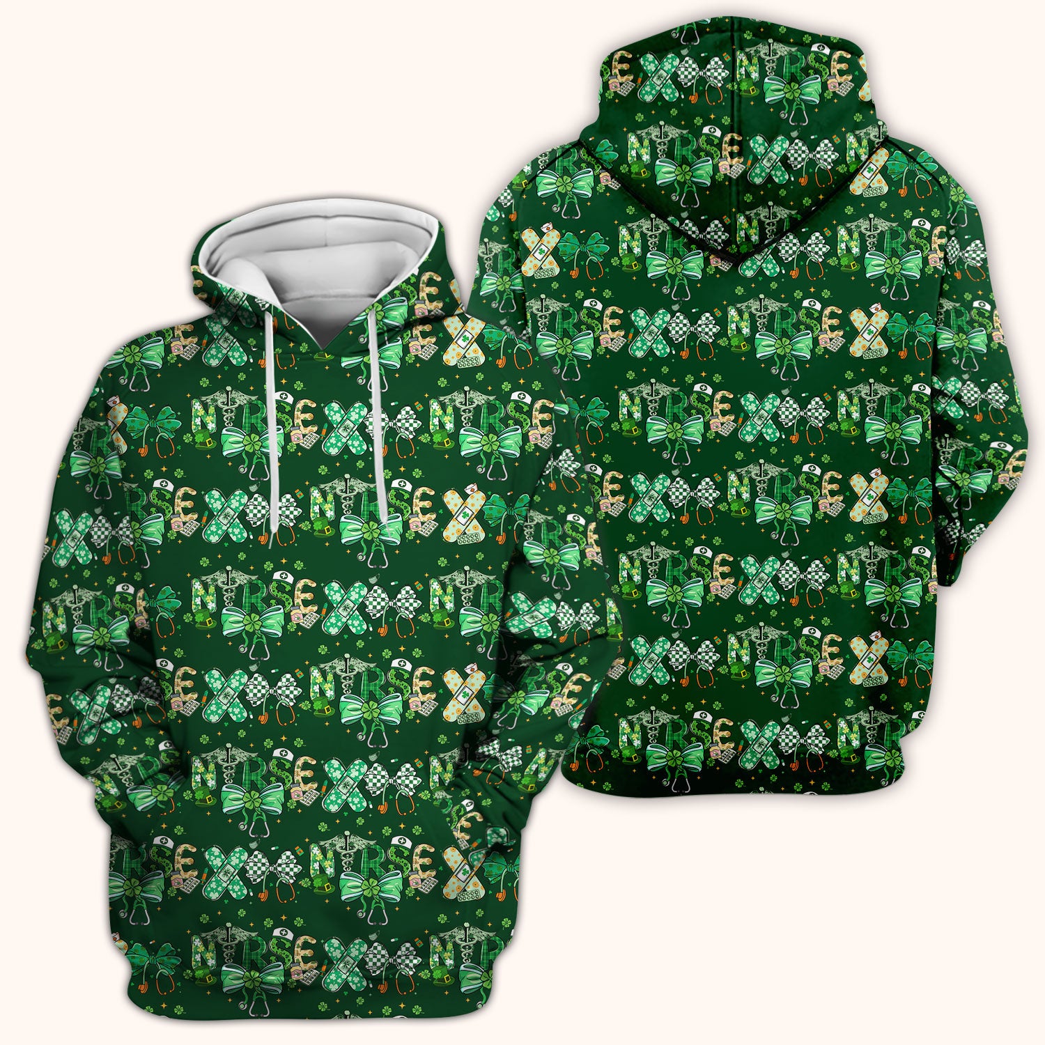 St. Patrick’s Nurse Scrub Top, Lucky Clover And Green Bow Pattern Nurse Shirt, Breathable Fabrics Nursing Uniform