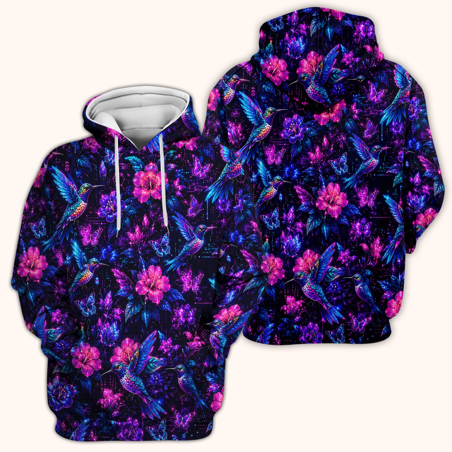 Neon Hummingbird Butterfly Bloom Pattern Scrub Top, Comfortable Scrubs for Nurses