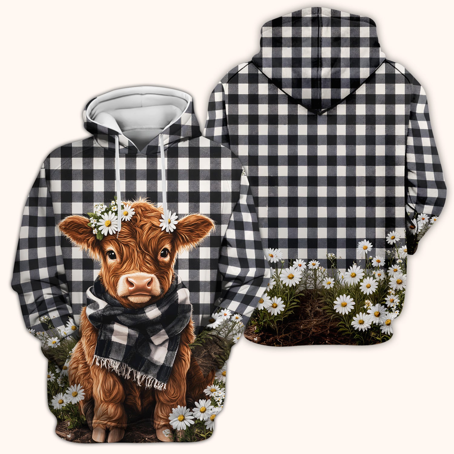 Highland Cow Daisy Pattern Scrub Top, Comfortable Scrubs for Nurses