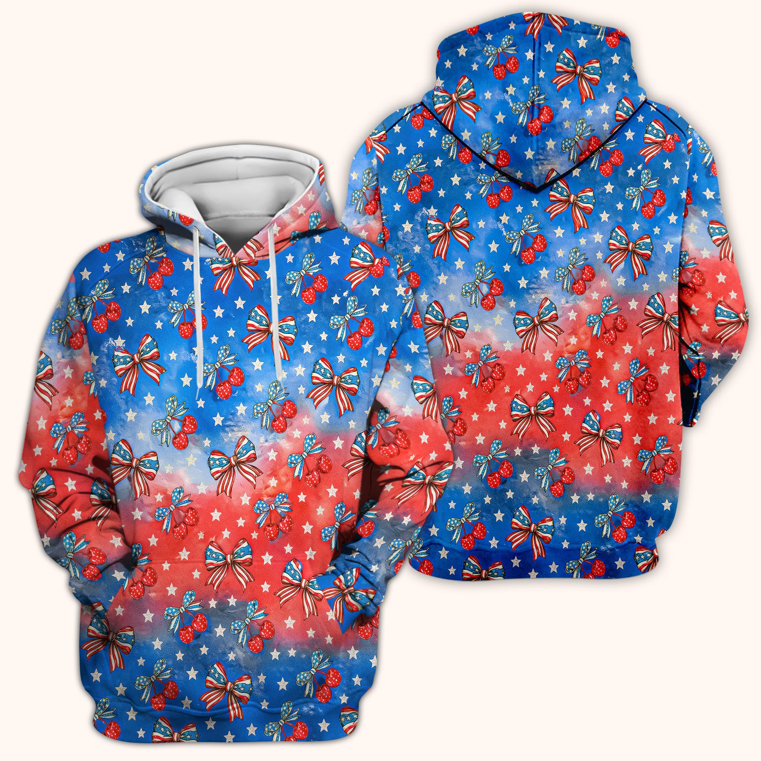 Festive Patriotic Star Bow Cherry Pattern Scrub Top, Comfortable Scrubs for Nurses