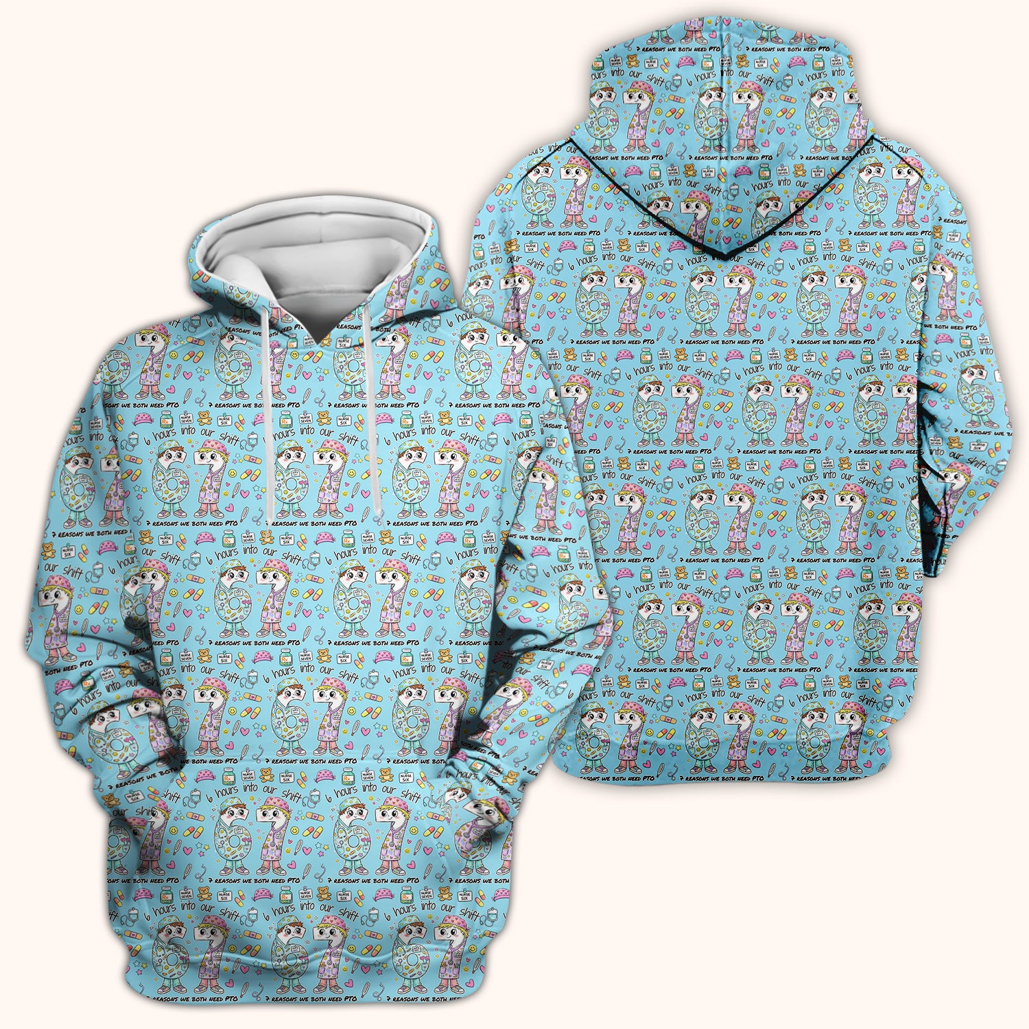 Cartoon Characters Six Hours Into Shift With Medical Doodle Scrub Top, Breathable Fabrics Nursing Uniform