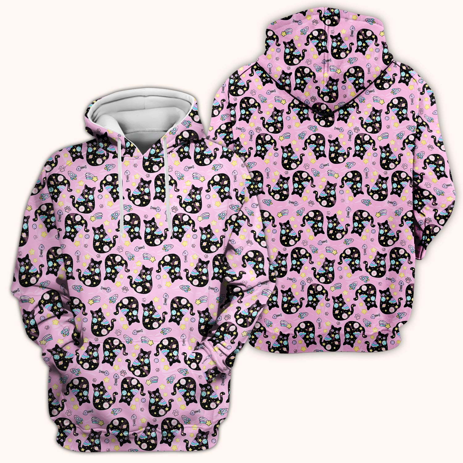 Galaxy Black Cat Space Pattern Scrub Top, Breathable Fabrics Nursing Uniform