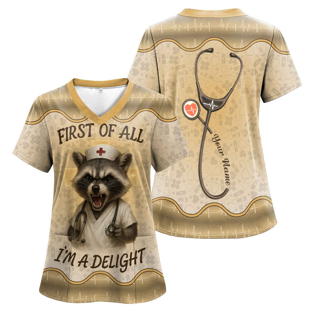 Funny Raccoon Nurse Scrub Top - First Of All I'm A Delight Quote - Personalized Gift for Women RN CNA LPN – Custom Name Medical Uniform for Healthcare Workers
