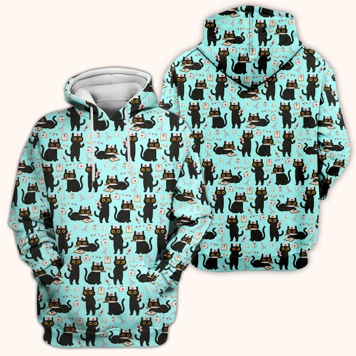 Cute Black Cat Nurse Pattern Scrub Top, Comfortable Scrubs for Nurses