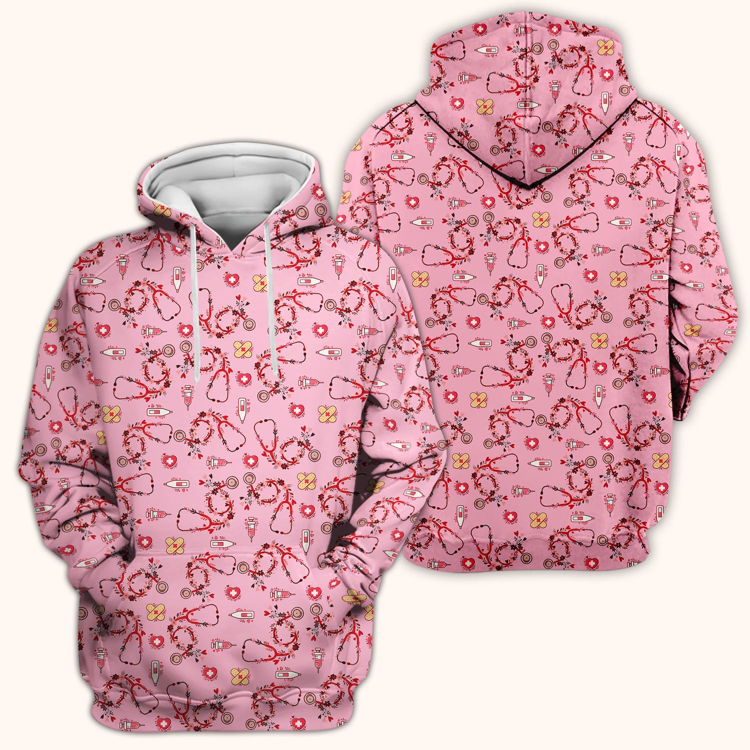 Heart Stethoscope Medical Pattern Scrub Top, Breathable Fabrics Nursing Uniform