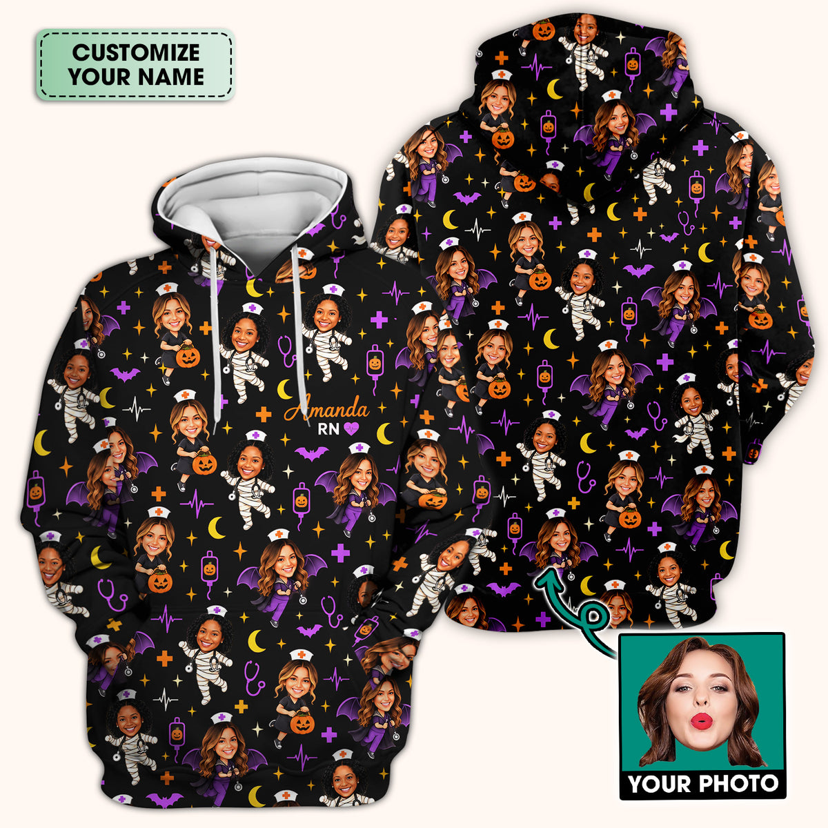 Personalized Photo Halloween Nurse Scrub Top, Comfortable Scrubs for Nurses