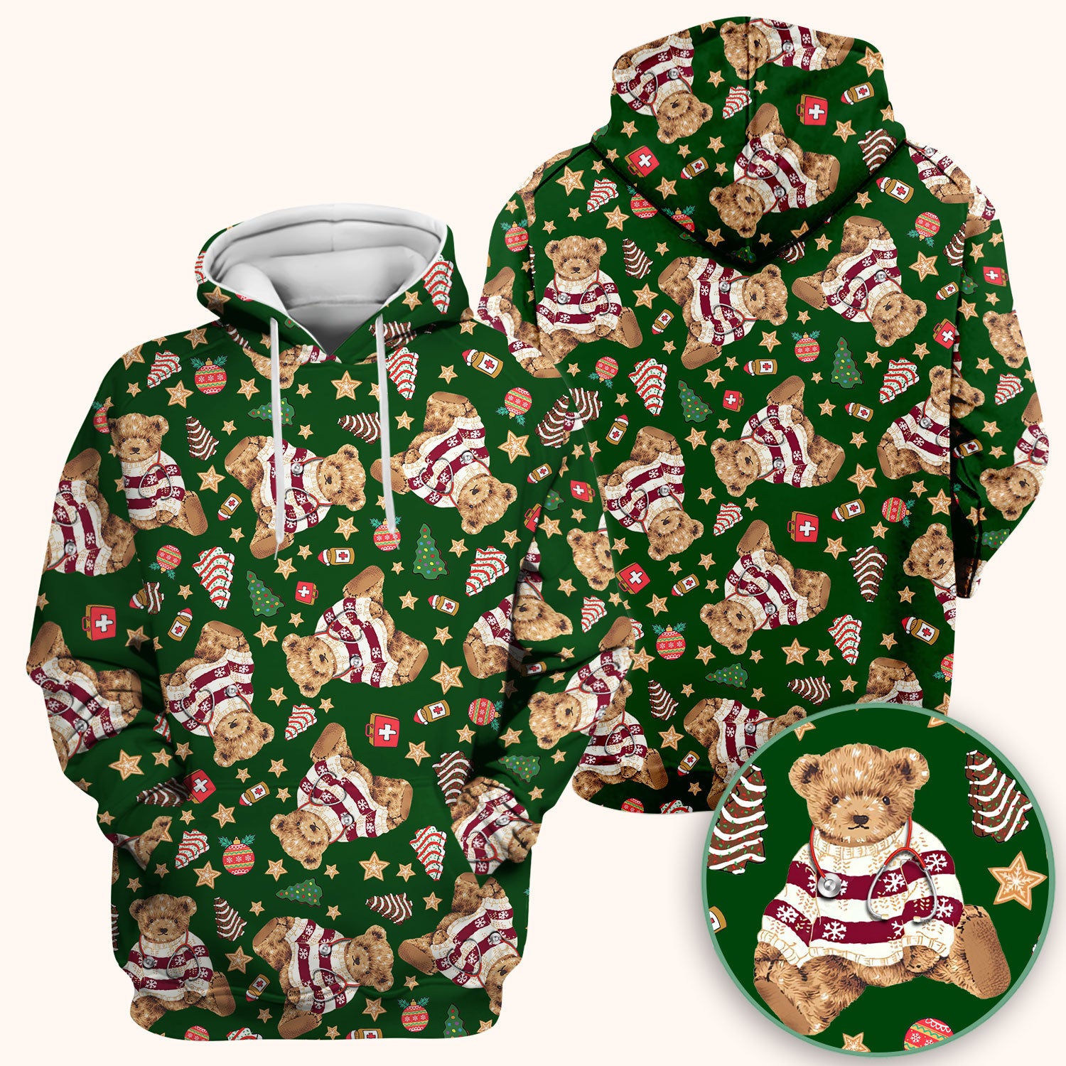 Teddy Bear Christmas Scrub Top - Cute Holiday Medical Pattern with Warm Sweater Bear - Gift for Nurses RN CNA LPN