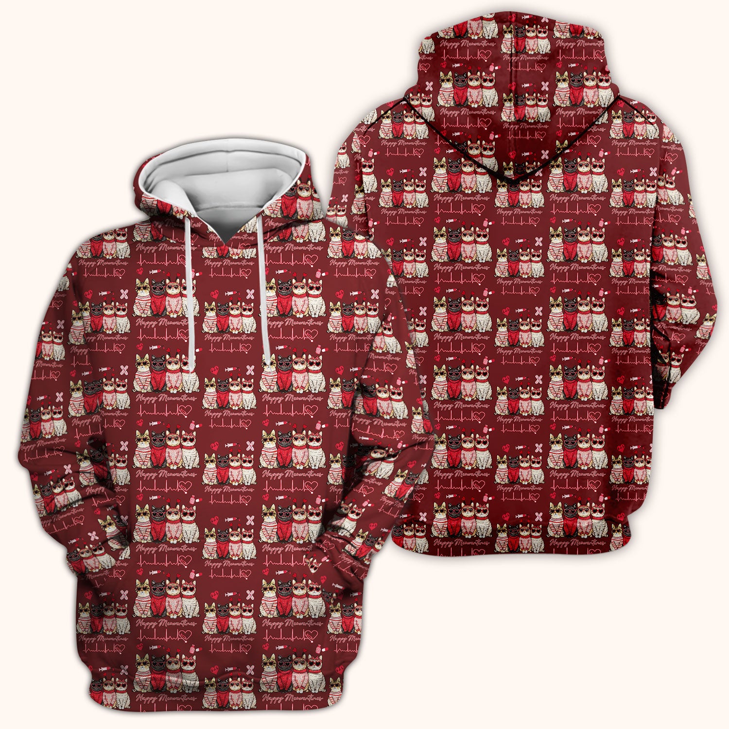 Happy Meowtines Cat Pattern Scrub Top, Valentine Cat Lover Nurse Scrub Shirt, Heartbeat Medical Pattern Nursing Uniform