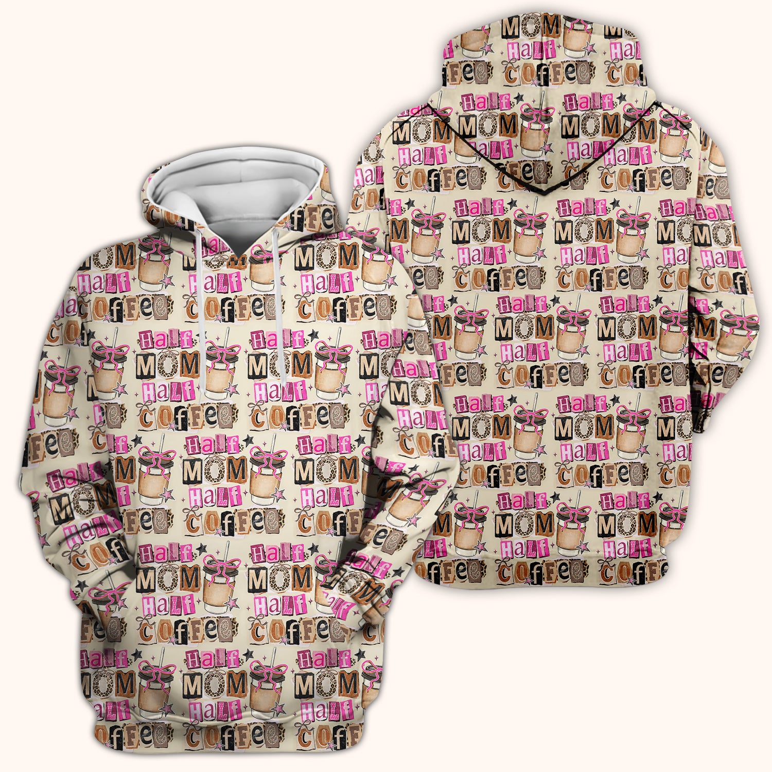 Half Mom Half Coffee Print Scrub Top, Caffeine Lover Nursing Uniform for Women