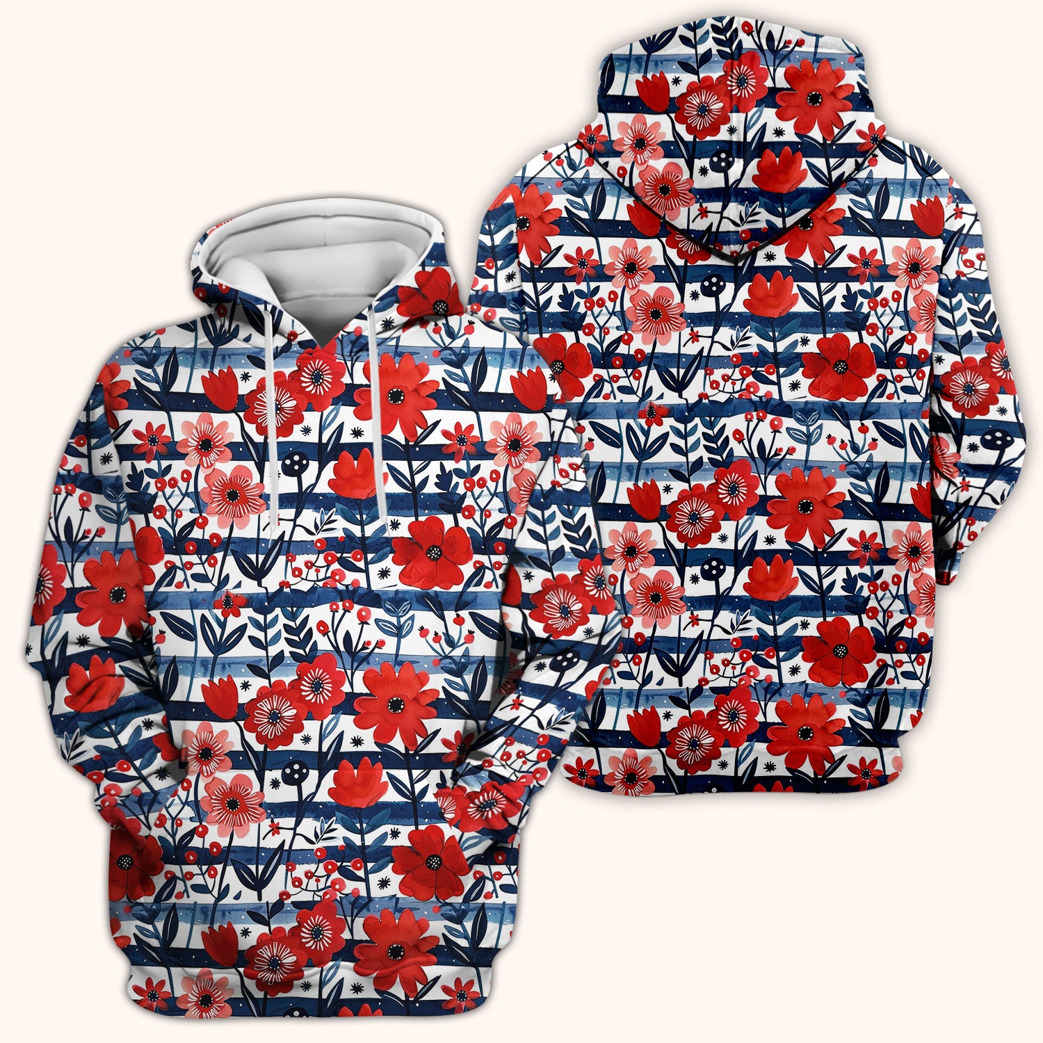 Red Poppy Navy Stripe Pattern Scrub Top, Comfortable Scrubs for Nurses