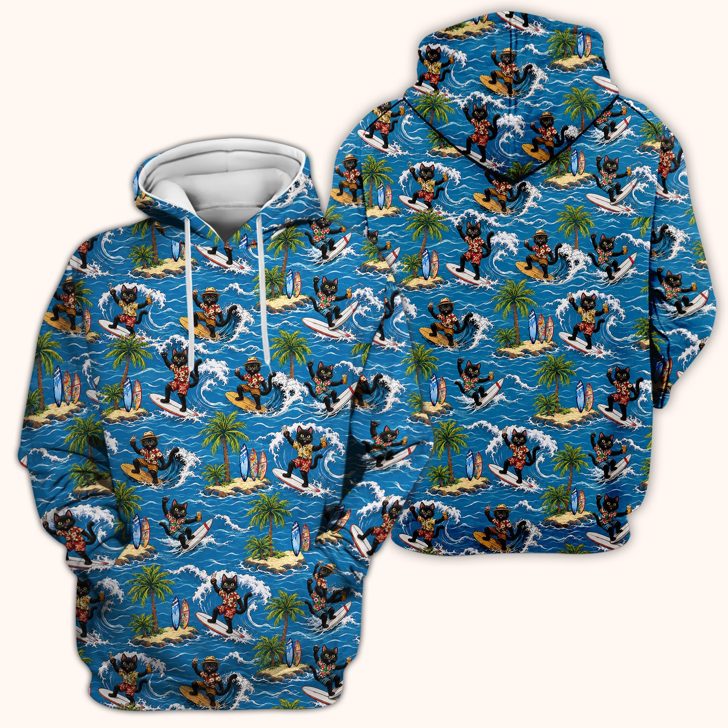 Tropical Black Cat Surfer Island Pattern Scrub Top, Comfortable Scrubs for Nurses