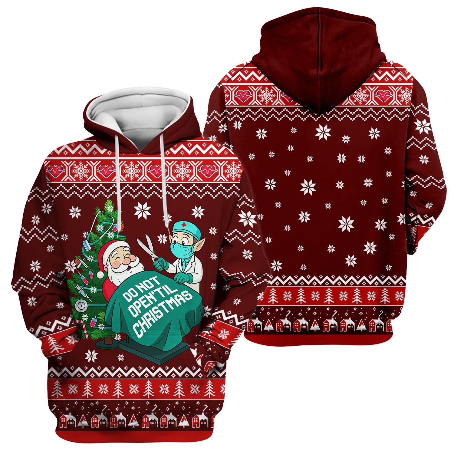 Funny Scrub Top for Women - Do Not Open Til Christmas Santa and Elf - Holiday Medical Uniform Gift for RN LPN CNA